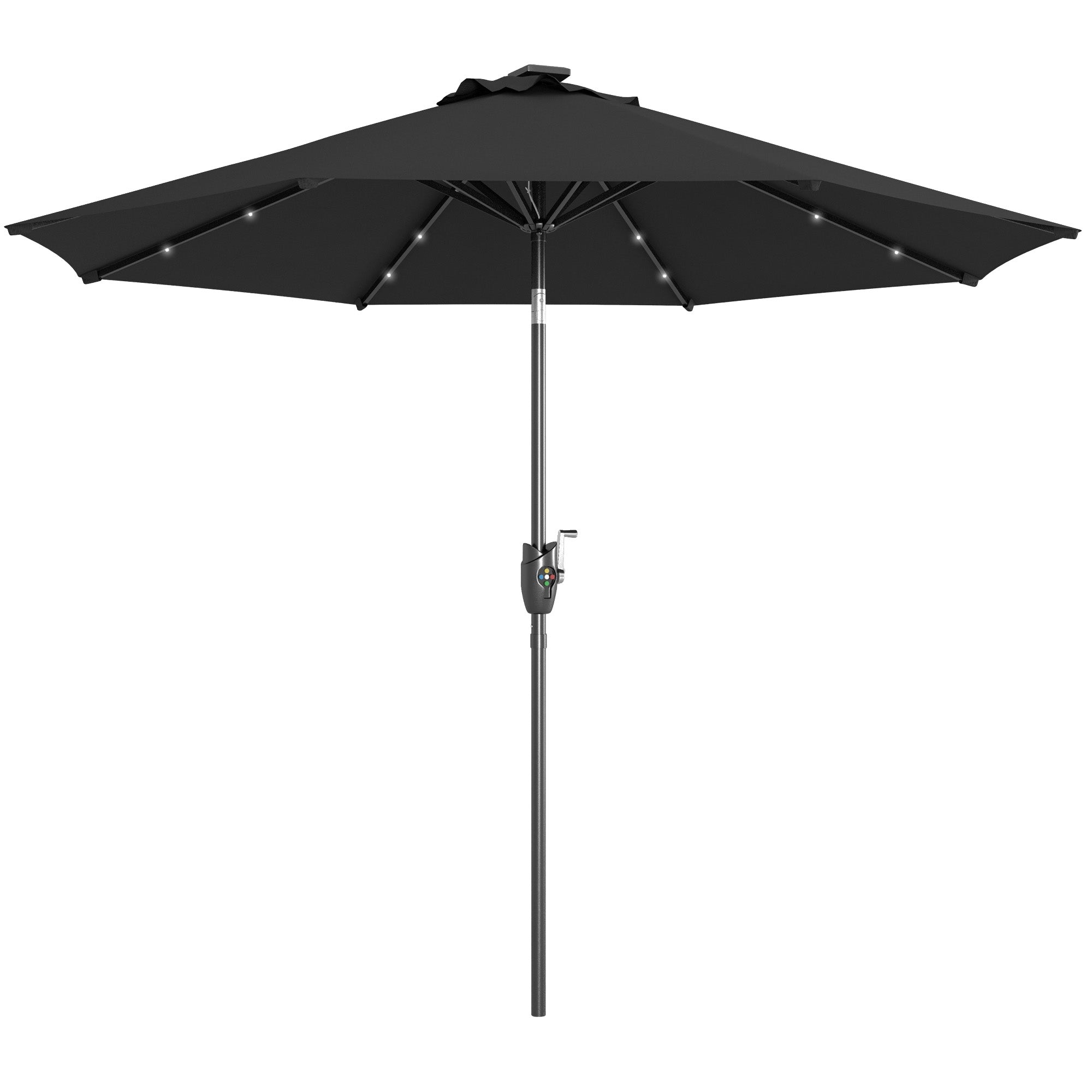 2.7m Garden Parasol Solar Outdoor Tilt Sun Umbrella Patio Sun Shade w/ 24 LED Light, Hand Crank and 8 Ribs, Black