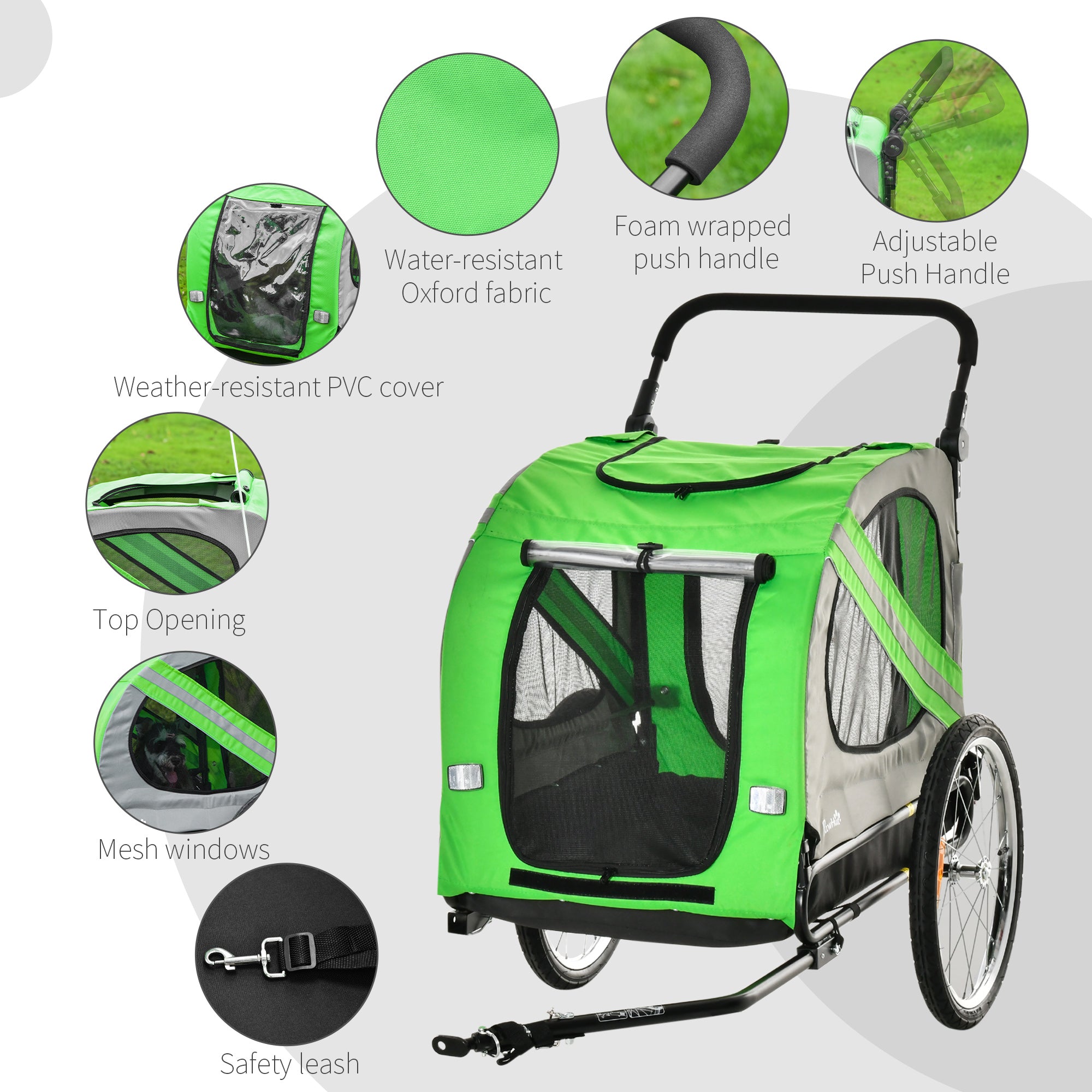 Dog Bike Trailer 2-in-1 Pet Stroller Cart Bicycle Carrier Attachment for Travel in steel frame with Universal Wheel Reflectors Flag Green