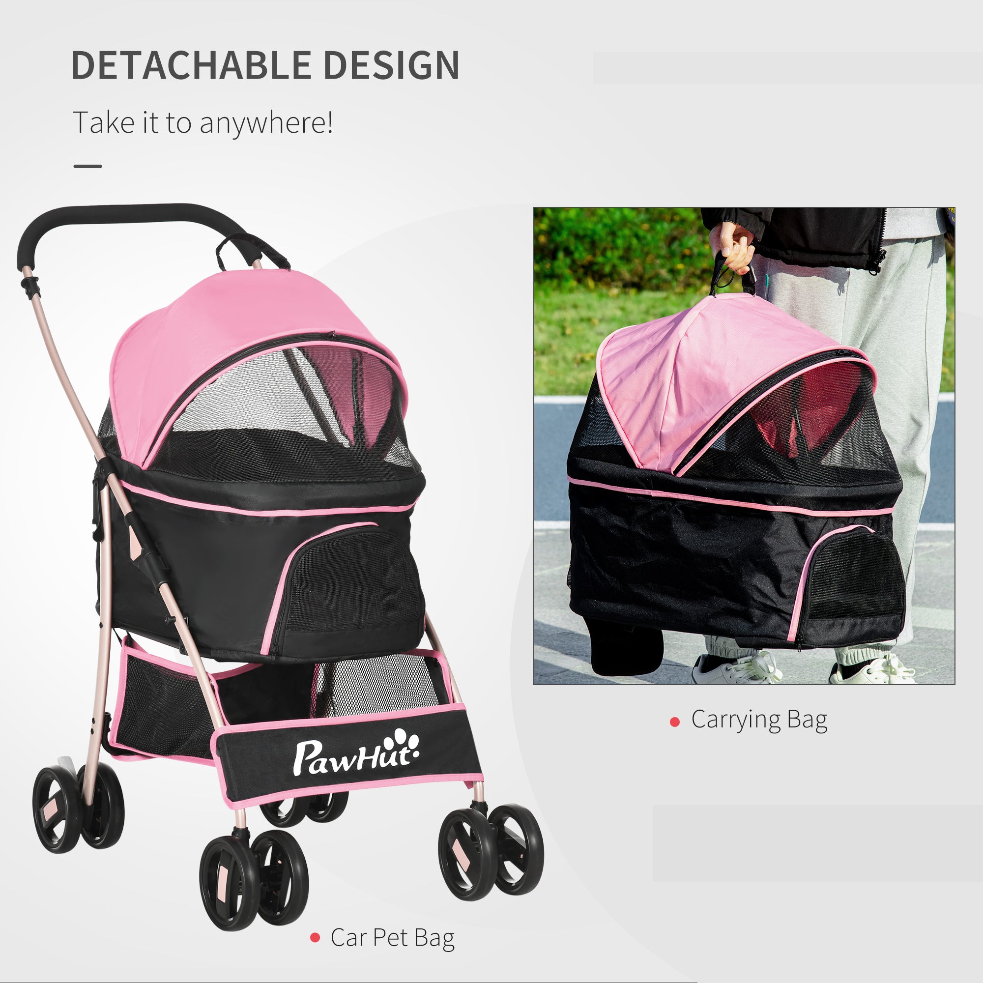 Detachable Pet Stroller, 3-In-1 Dog Cat Travel Carriage, Foldable Carrying Bag with Universal Wheel Brake Canopy Basket Storage Bag, Pink