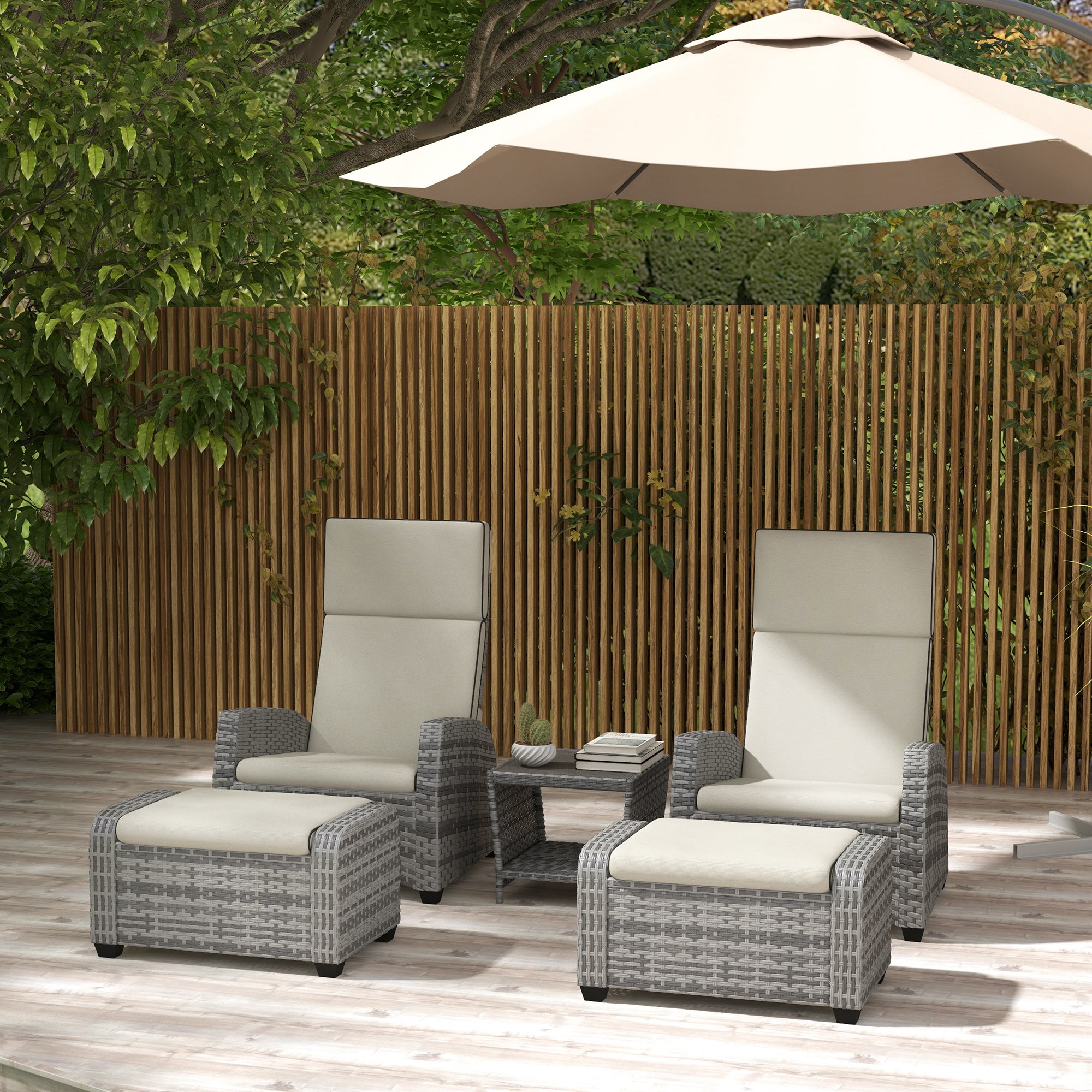 5-Piece Rattan Patio Reclining Chair Set with Footstools, Coffee Table, Cushions, for Outdoor Garden, Grey