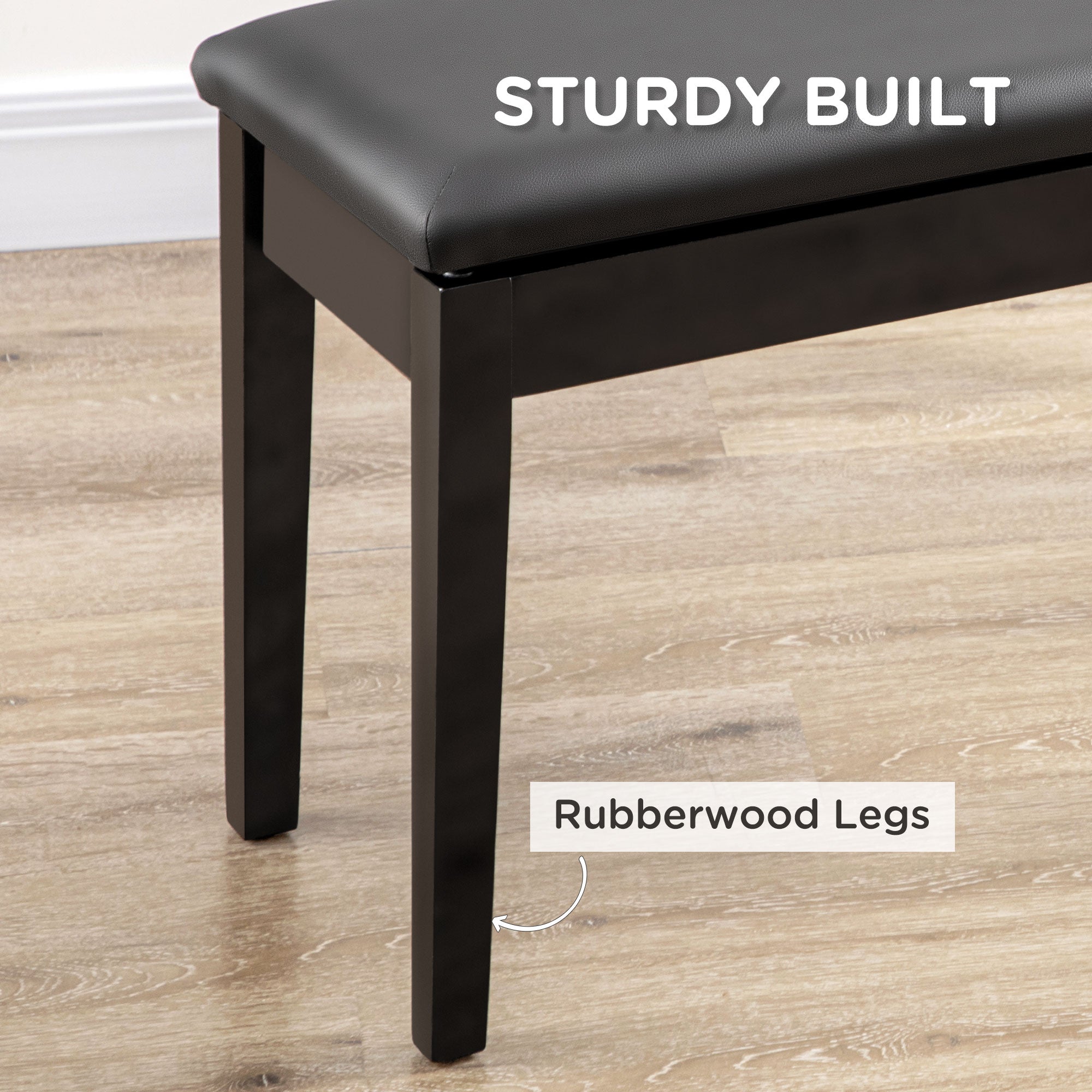 Classic Piano Bench Stool, PU Leather Padded Keyboard Stool with Rubber Wood Legs and Music Storage Compartment, Black