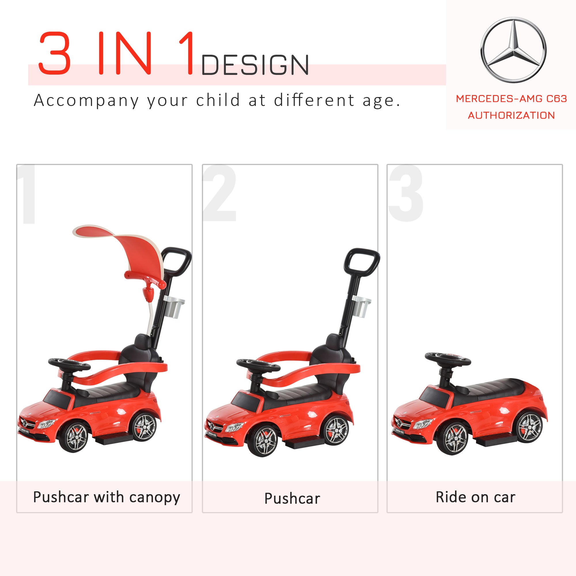 3 in 1 Ride On Push Along Car Mercedes Benz for Toddlers Stroller Sliding Walking Car with Sun Canopy Horn Safety Bar Cup Holder Ride on Toy