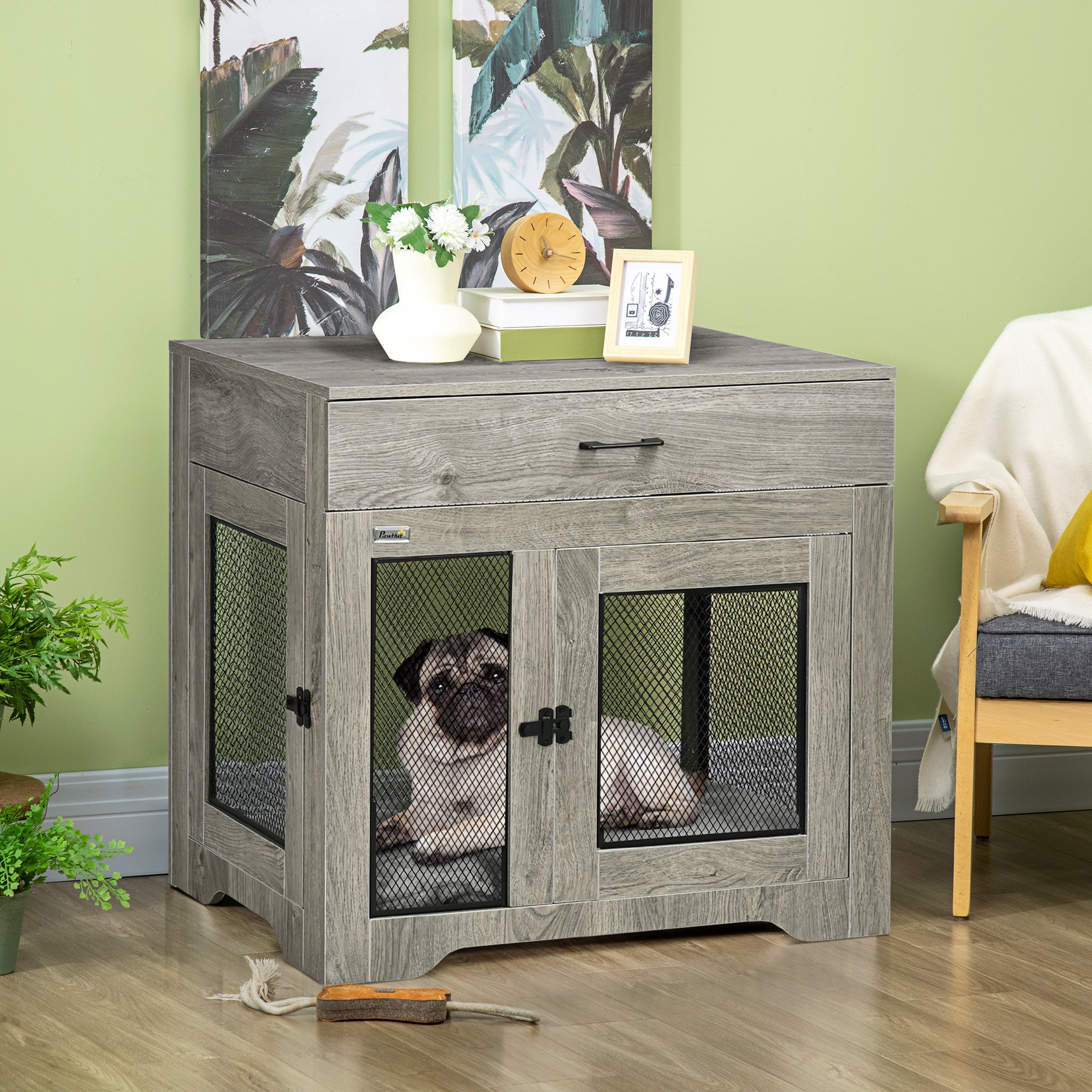 Indoor Use Dog Crate Furniture with Cushion, Double Doors Pet Kennel End Table with Drawer for Medium Dogs, Grey