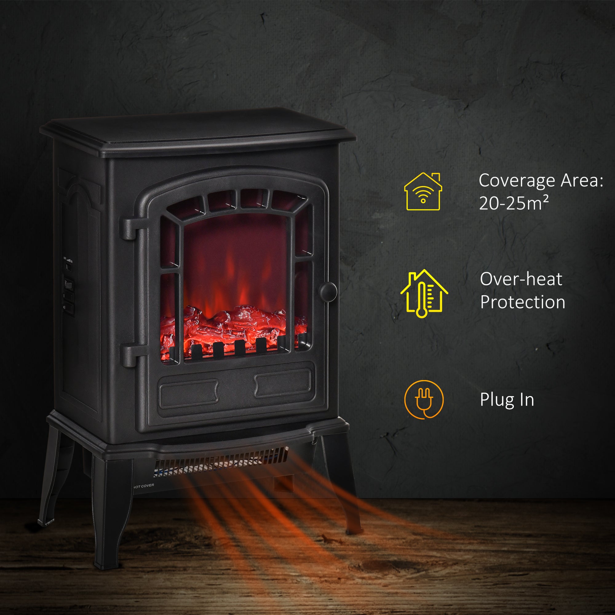 Free standing Electric Fireplace Stove, Fireplace Heater with Realistic Flame Effect, Overheat Safety Protection, 1000W/2000W, Black