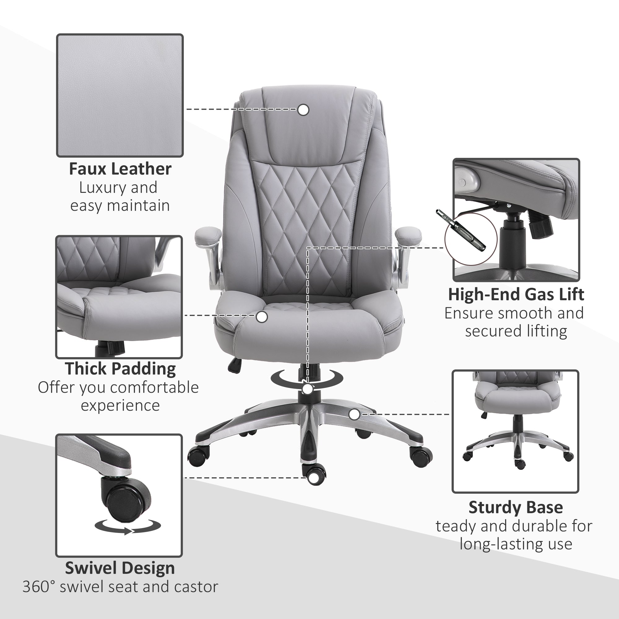 High Back Executive Office Chair Home Swivel PU Leather Ergonomic Chair, with Flip-up Arm, Wheels, Adjustable Height, Grey