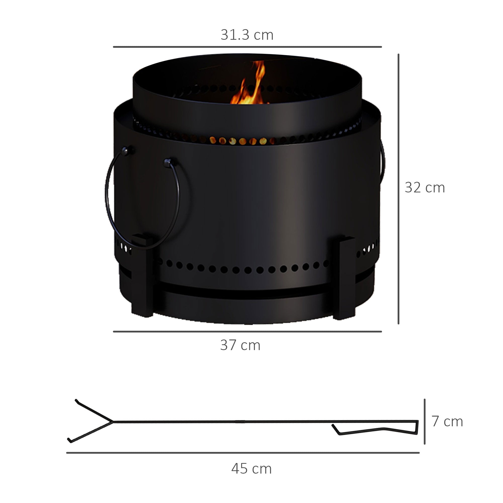 Smokeless Fire Pit, 37cm Portable Wood Burning Firepit with Poker for Garden Camping Bonfire Party, Metal, Black