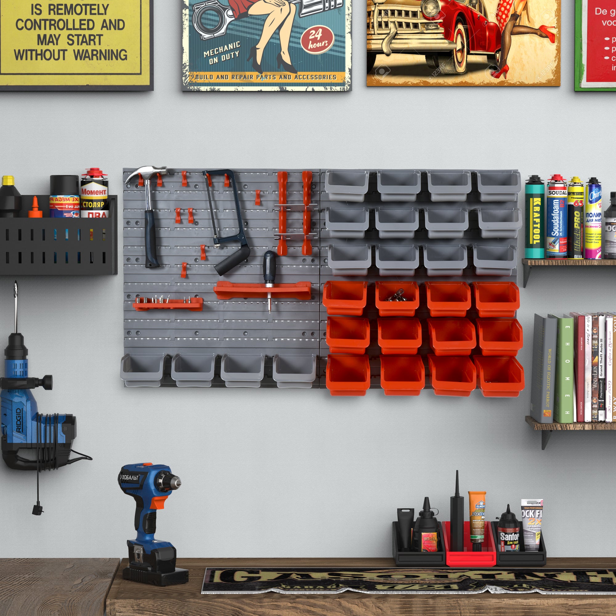 44 Pcs On-Wall Garage DIY Storage Unit w/ 28 Cubes 10 Hooks 2 Boards Screws Organisation Pegboard Tool Equipment Tidy Caddy