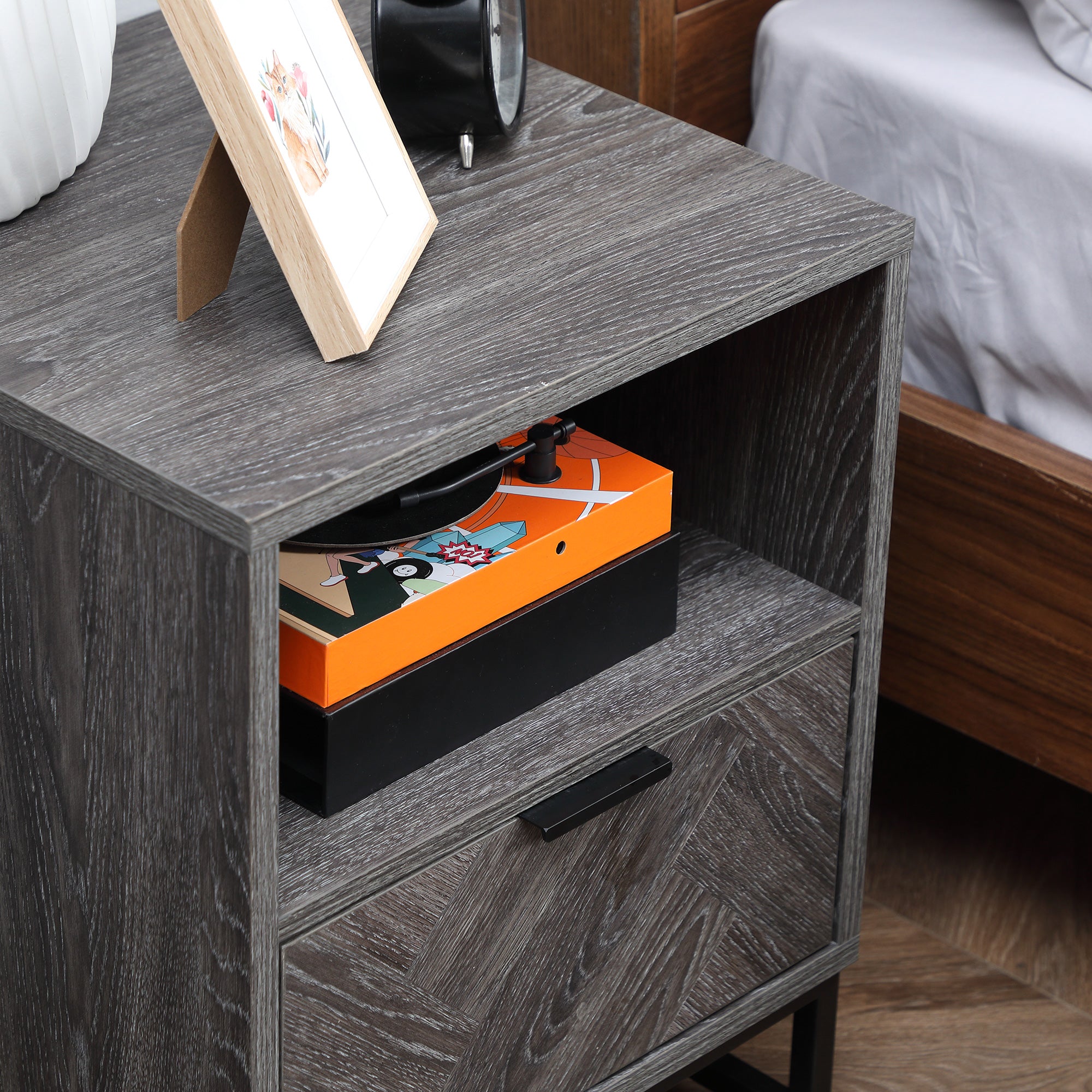 Bedside Table with Drawer and Shelf, Side End Table with Steel Legs for Living Room, Bedroom, Dark Grey