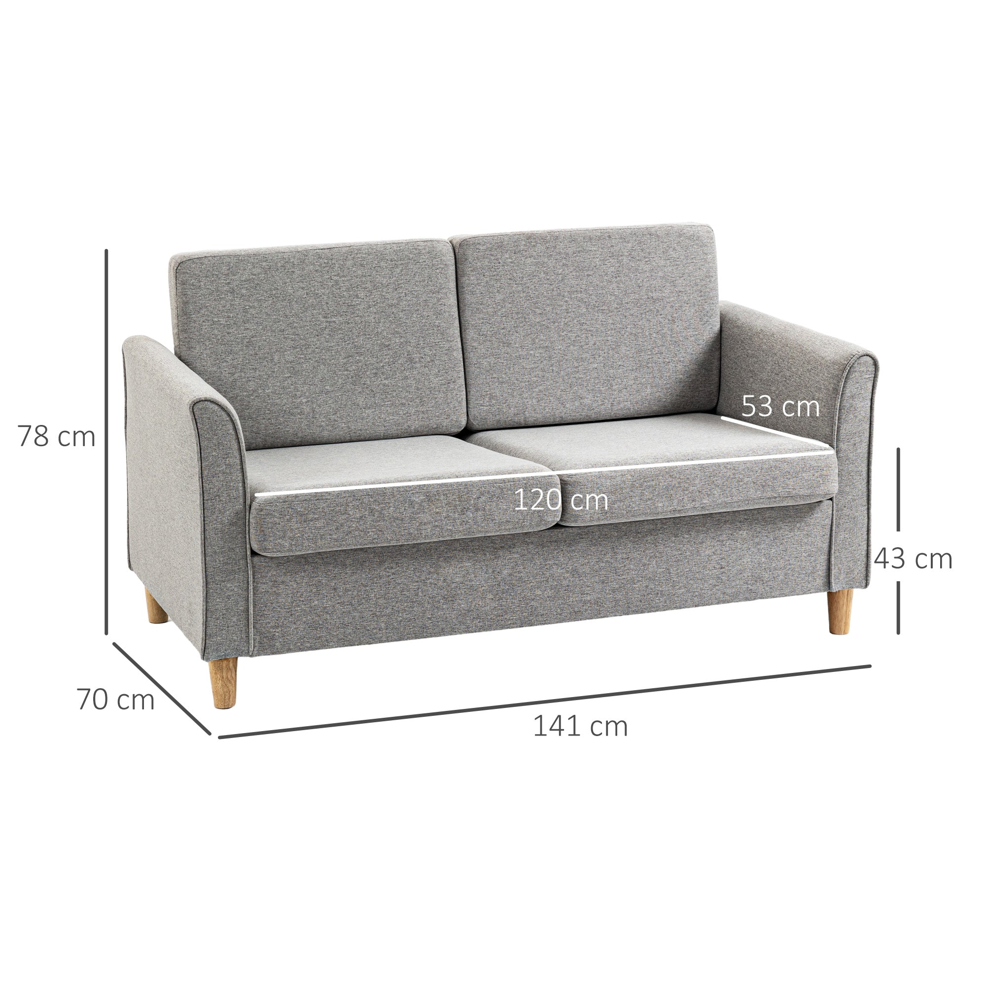 Compact Loveseat Sofa, Modern 2 Seater Sofa for Living Room with Wood Legs and Armrests, Light Grey