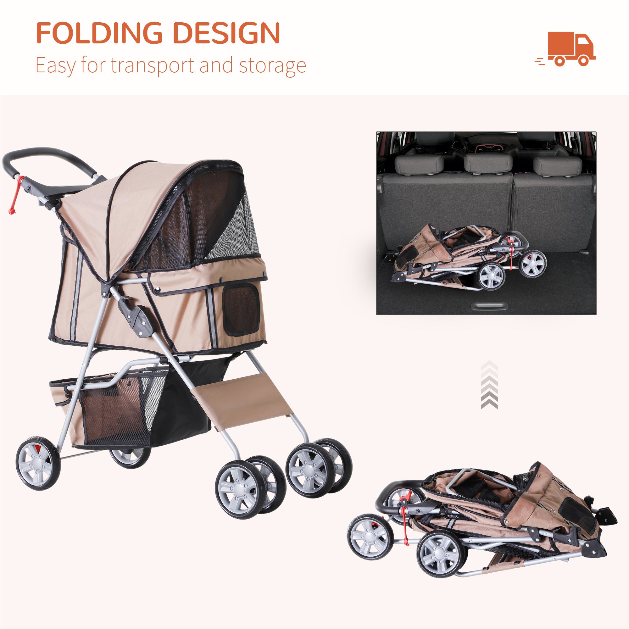 Dog Stroller with Rain Cover for Small Miniature Dogs, Folding Pet Pram with Cup Holder, Storage Basket, Reflective Strips, Brown