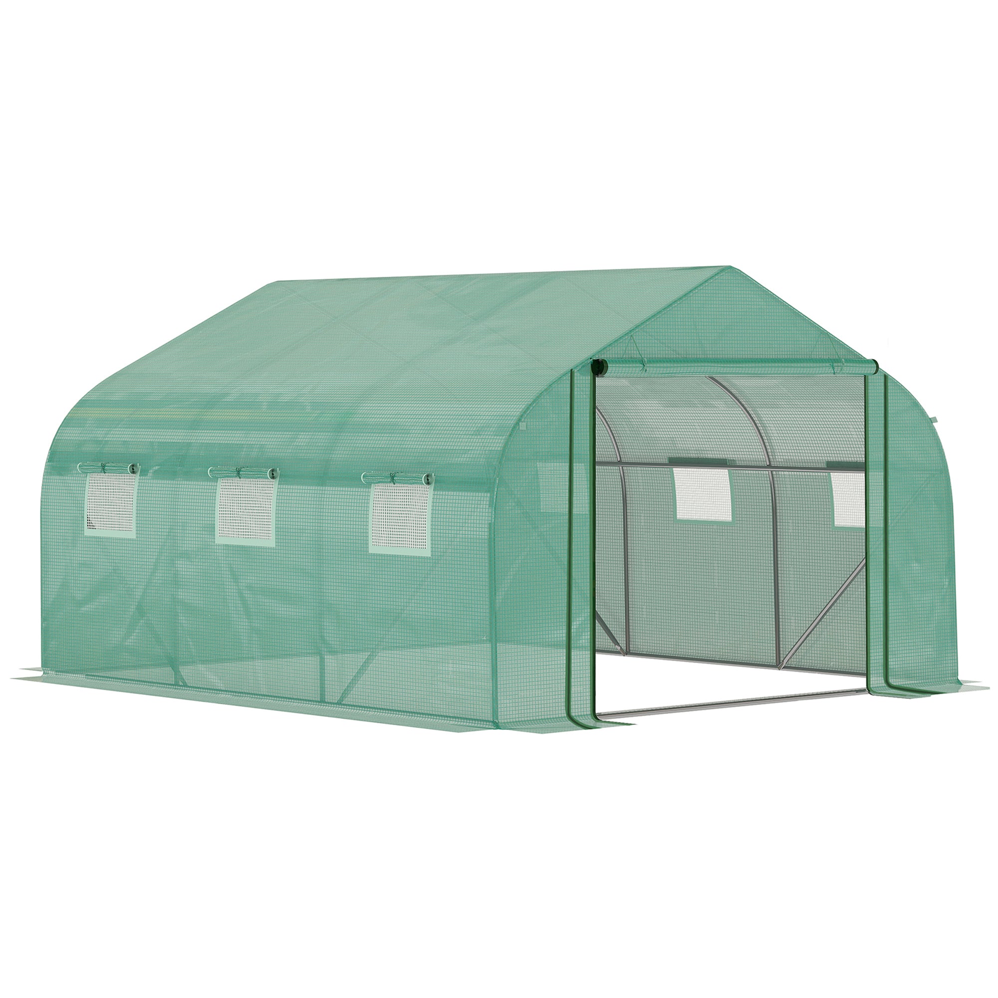 Walk-in Polytunnel Garden Greenhouse, Outdoor Greenhouse with PE Cover, Zippered Roll Up Door and 6 Windows, 3.5 x 3 x 2m, Green