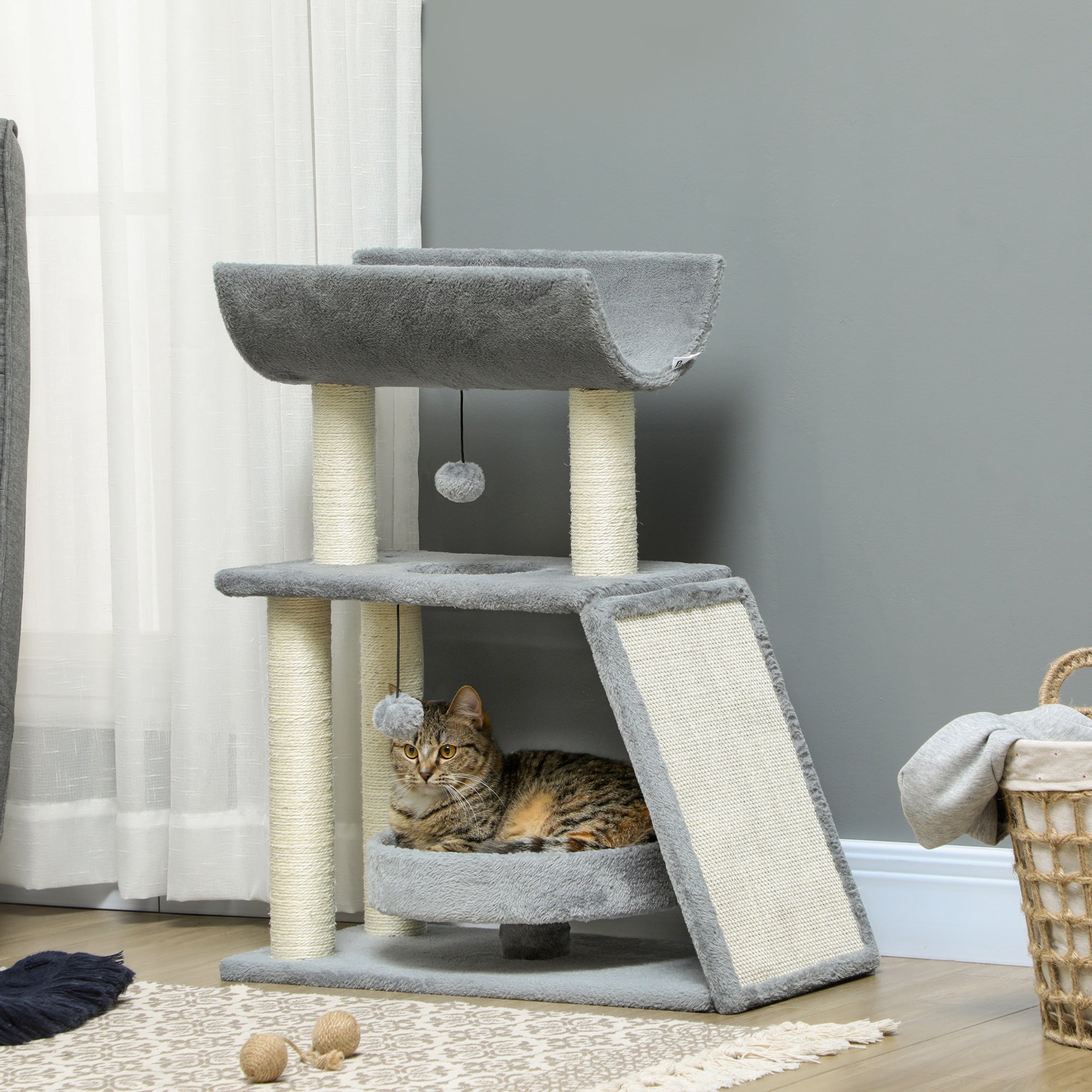 Cat Tree Tower, with Scratching Posts, Pad, Bed, Perch, Toy Ball, Light Grey