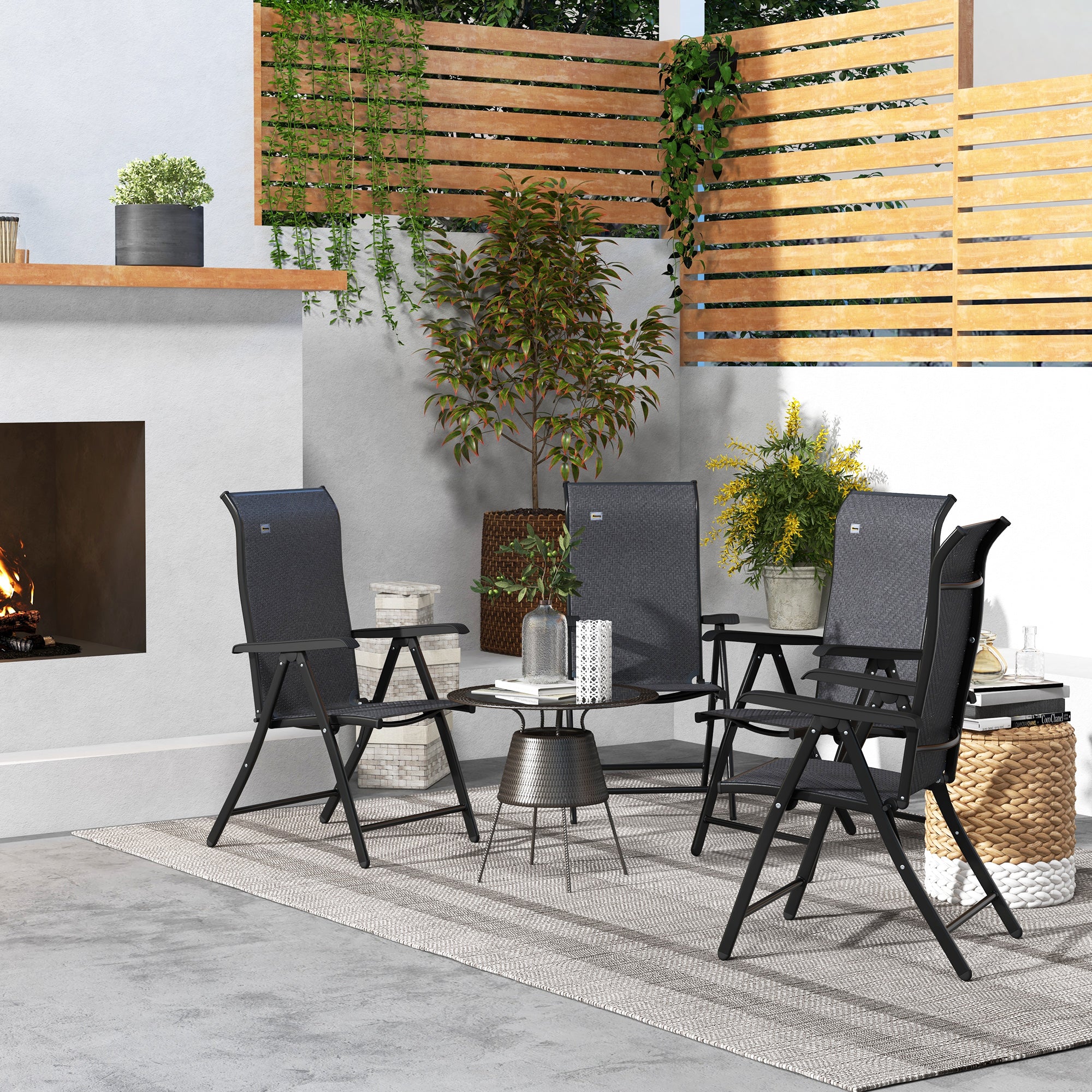 4 Piece Outdoor Folding Rattan Chair Set with Adjustable Backrest - Black