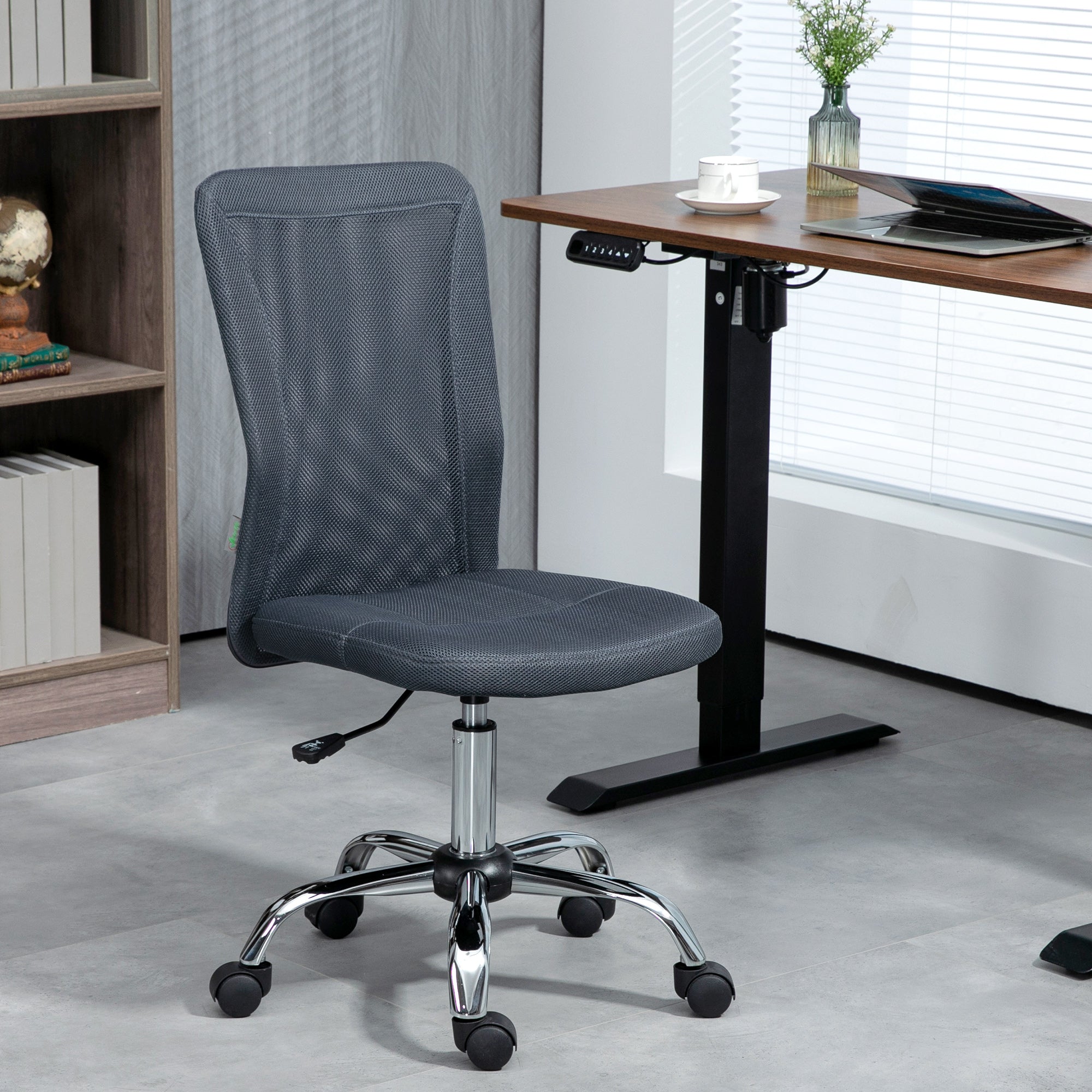 Computer Desk Chair, Mesh Office Chair with Adjustable Height and Swivel Wheels, Armless Study Chair, Dark Grey