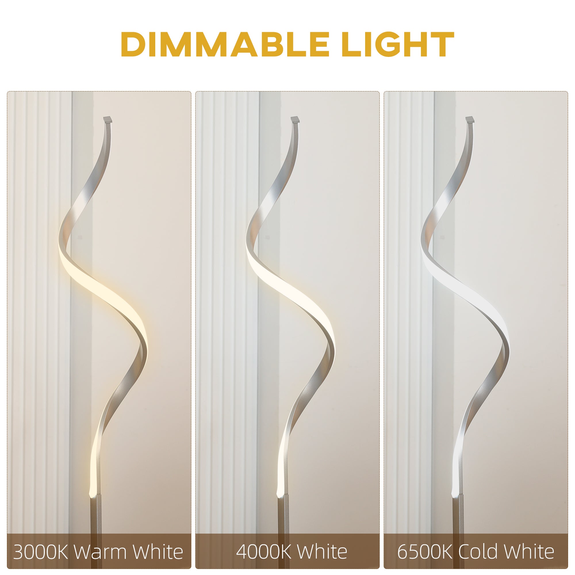 Dimmable Floor Lamp for Living Room, Modern Spiral Standing Lamp with 3 Adjustable Brightness and Square Base, Silver
