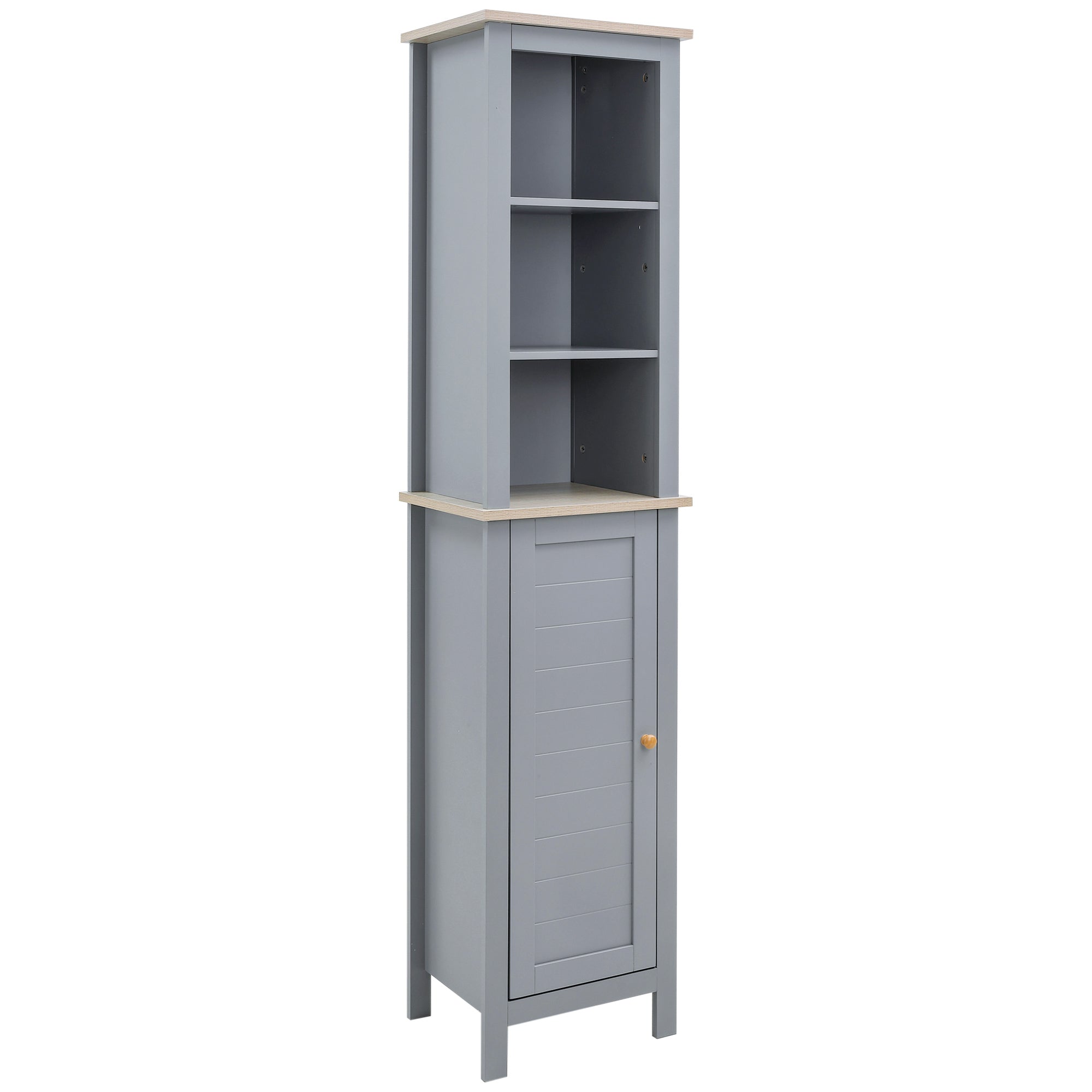 Bathroom Floor Storage Cabinet with 3 Tier Shelf and Cupboard with Door, Free Standing Linen Tower, Tall Slim Side Organizer Shelves, Grey