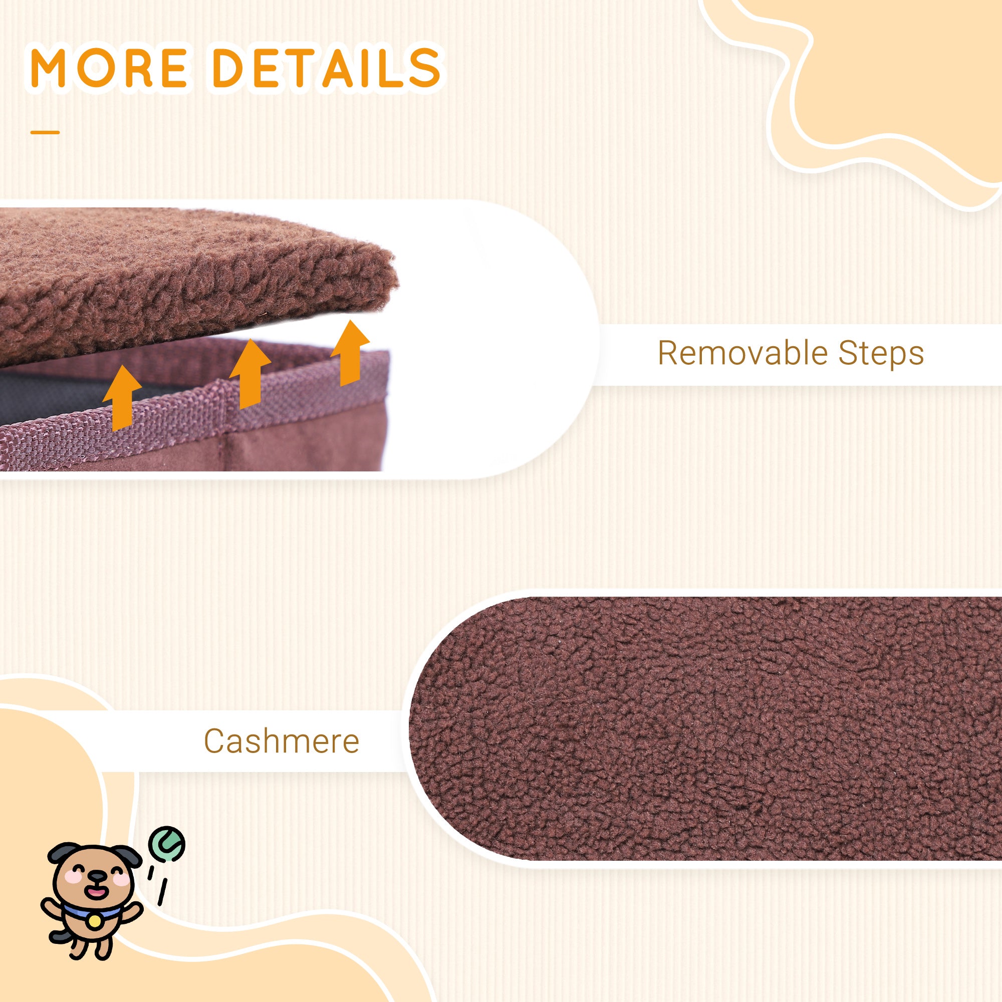 3 Step Pet Stairs Foldable Portable Mobility Assistance w/ Washable Fleece Cover 41x19cm Brown