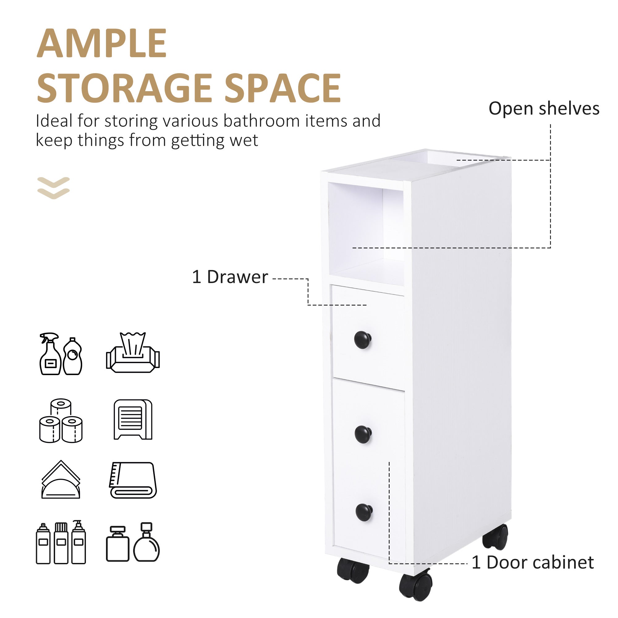 Slimline Bathroom Storage Unit w/ 2 Drawers 2 Open Compartments Wheels Handles Freestanding Compact Home Office Furniture White