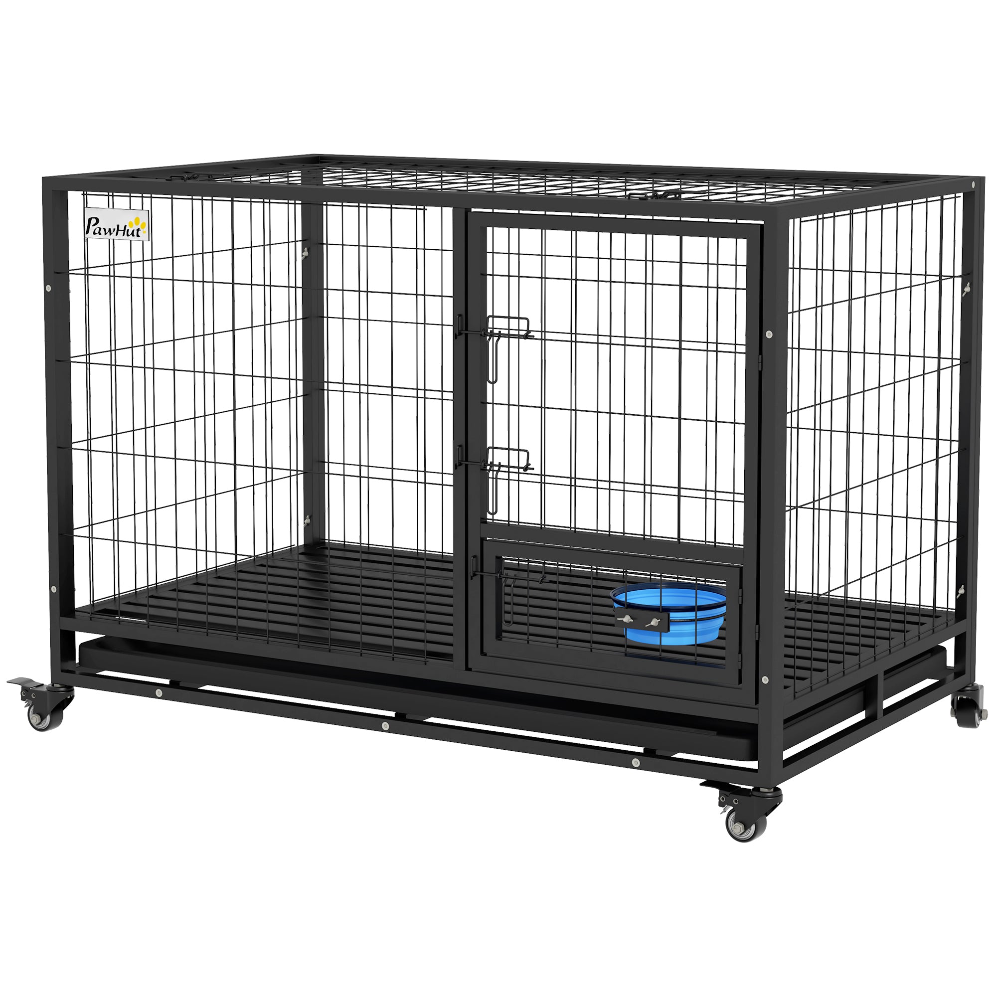 48" Heavy Duty Dog Crate on Wheels w/ Bowl Holder, Removable Tray, Detachable Top, Double Doors for L, XL Dogs