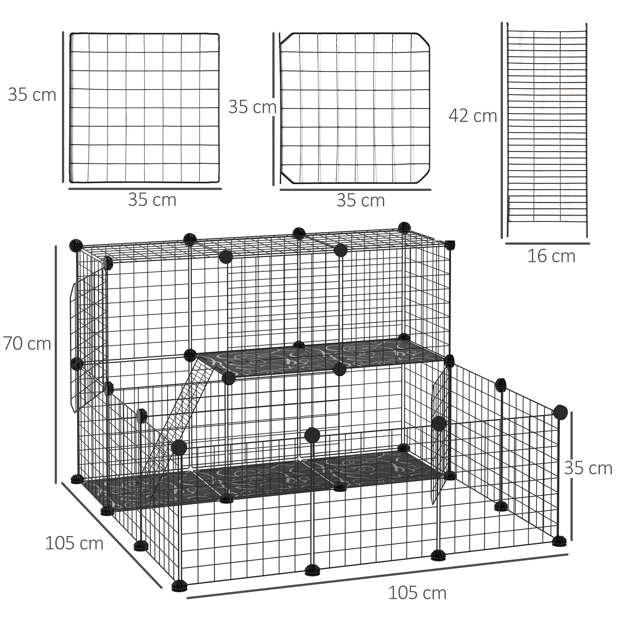 Pet Playpen w/ Door Customisable Fence for Guinea Pigs Hamsters Chinchillas Hedgehogs - Black