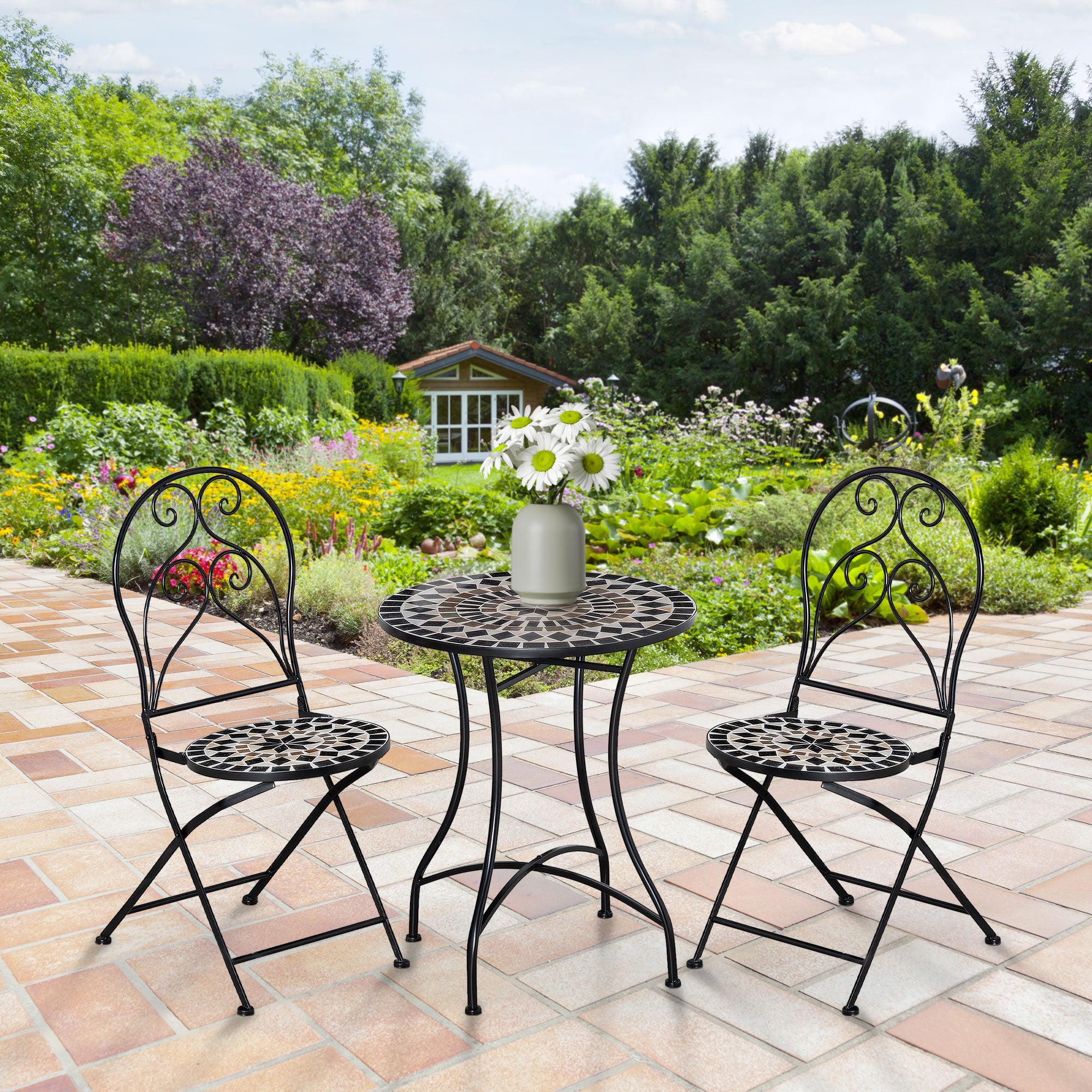 3 Piece Garden Outdoor Bistro Set with Coffee Table and 2 Folding Chairs, Mosaic Tile Top and Seats, Metal Frame, for Patio Balcony