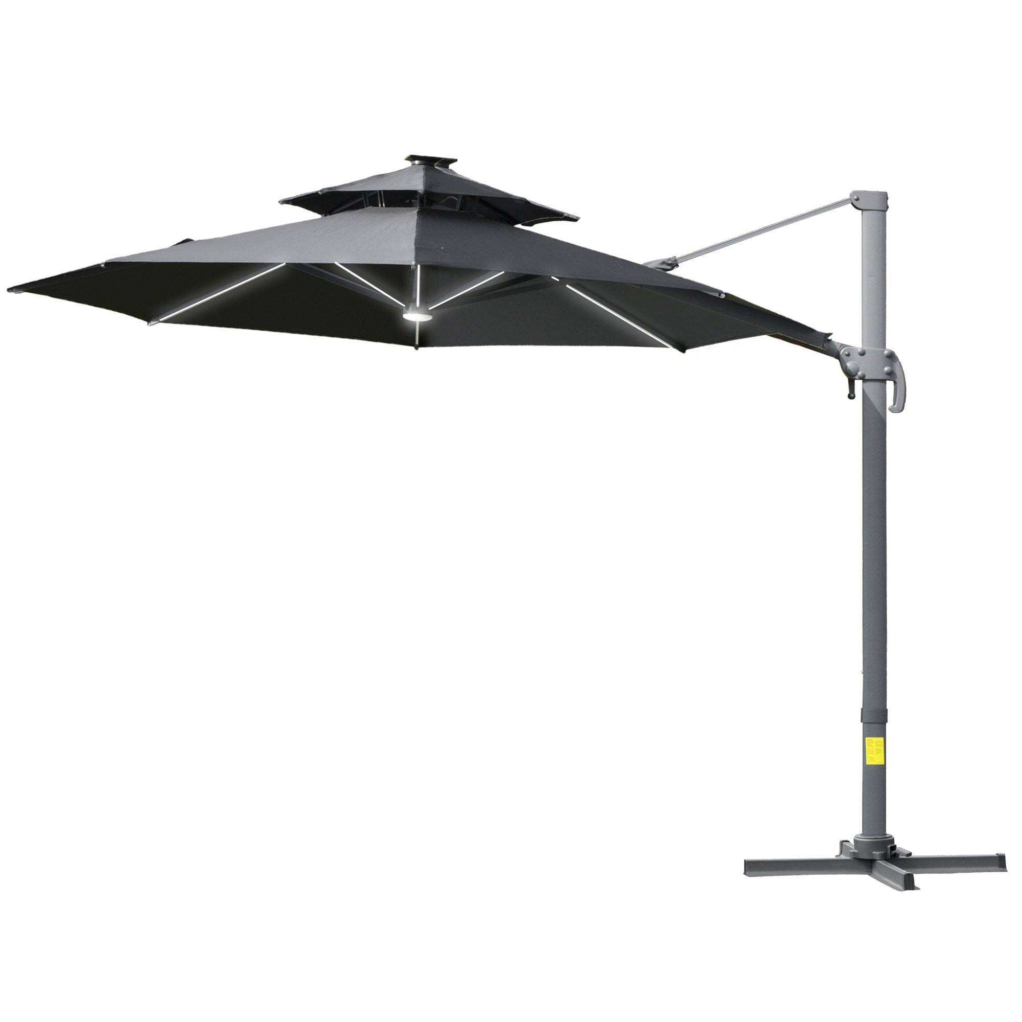 3m Cantilever Parasol w/ Solar Lights Power Bank Cross Base Adjustable Canopy 360° Spin Outdoor Garden Umbrella 2-Tier Roof Sun Shade Grey