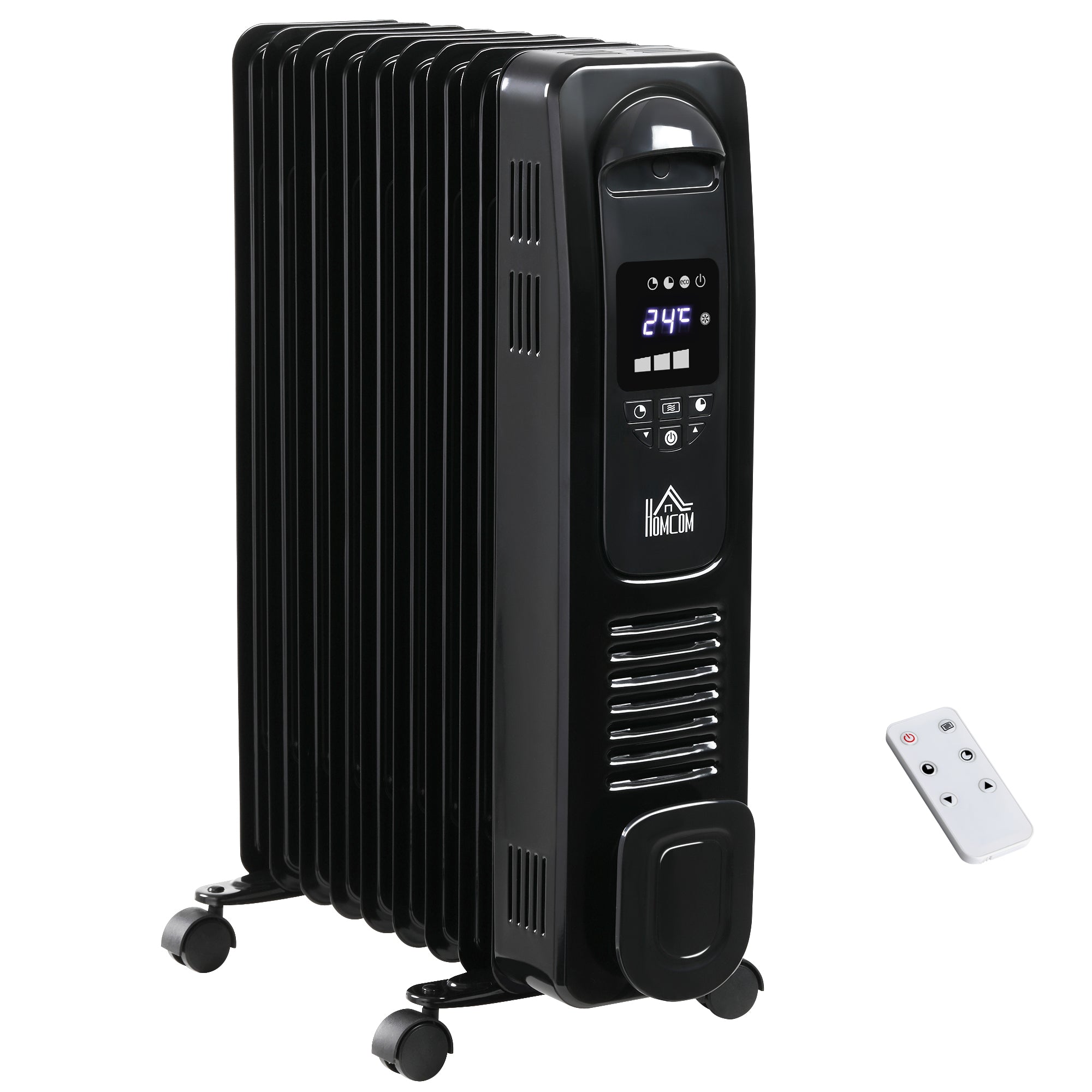 2180W Digital Oil Filled Radiator, 9 Fin, Portable Electric Heater with LED Display, Timer 3 Heat Settings Safety Cut-Off Remote Control Black