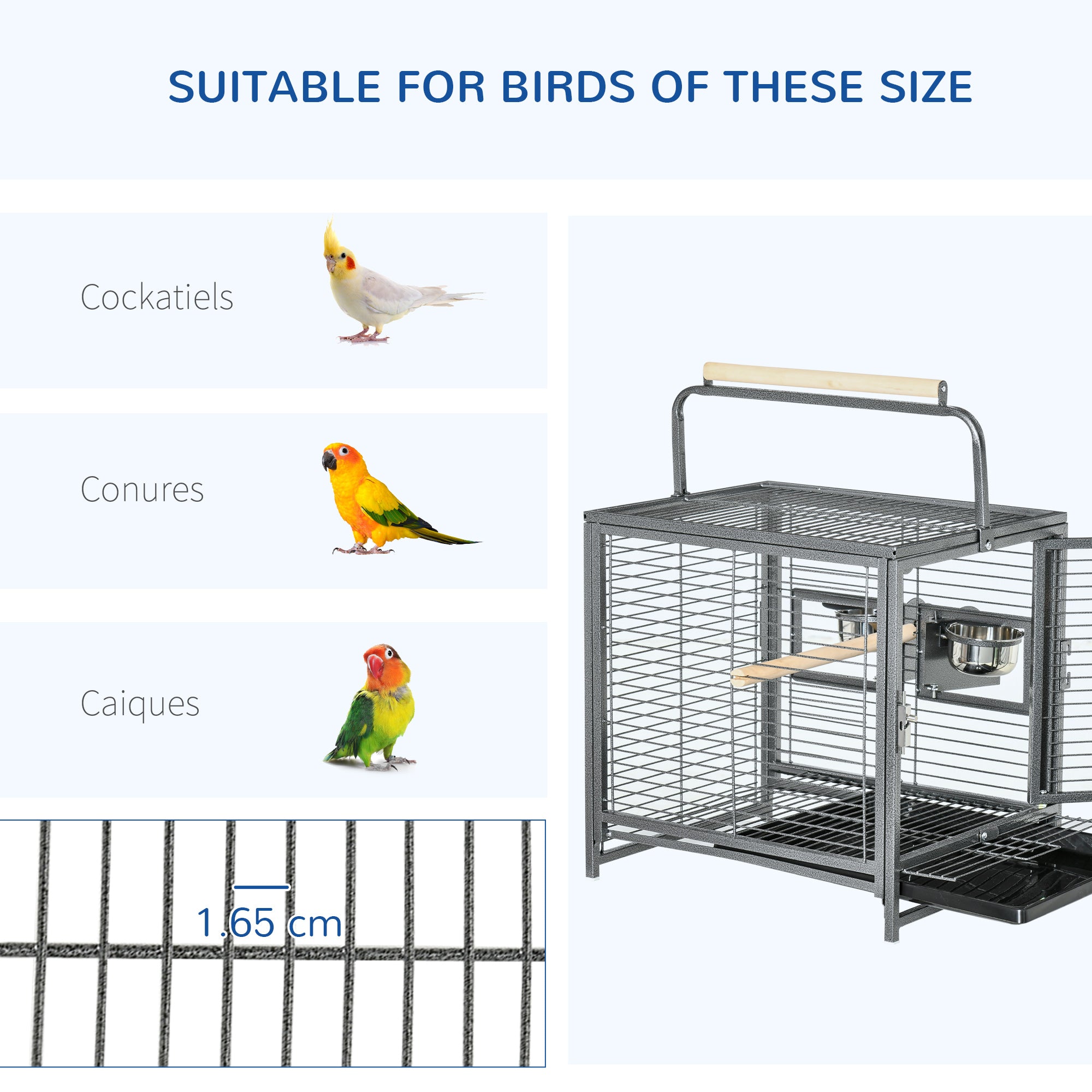 Metal Parrot Travel and Breeding Cage for Small Birds with Wooden Perch and Bowls - Black