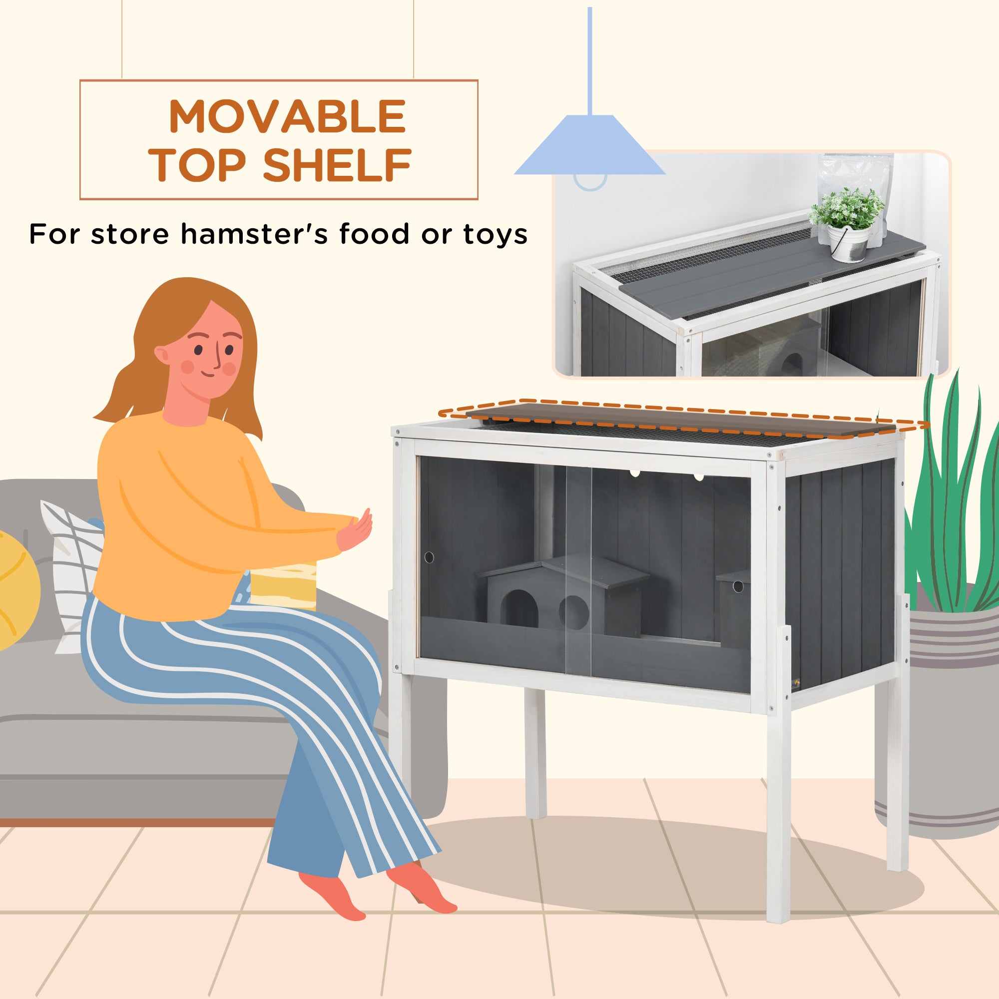 Wooden Hamster House Hamster Cage with Shelf, for Dwarf Hamsters, Gerbils, Rutin Chickens, with Huts, 82 x 45 x 81 cm, Dark Grey