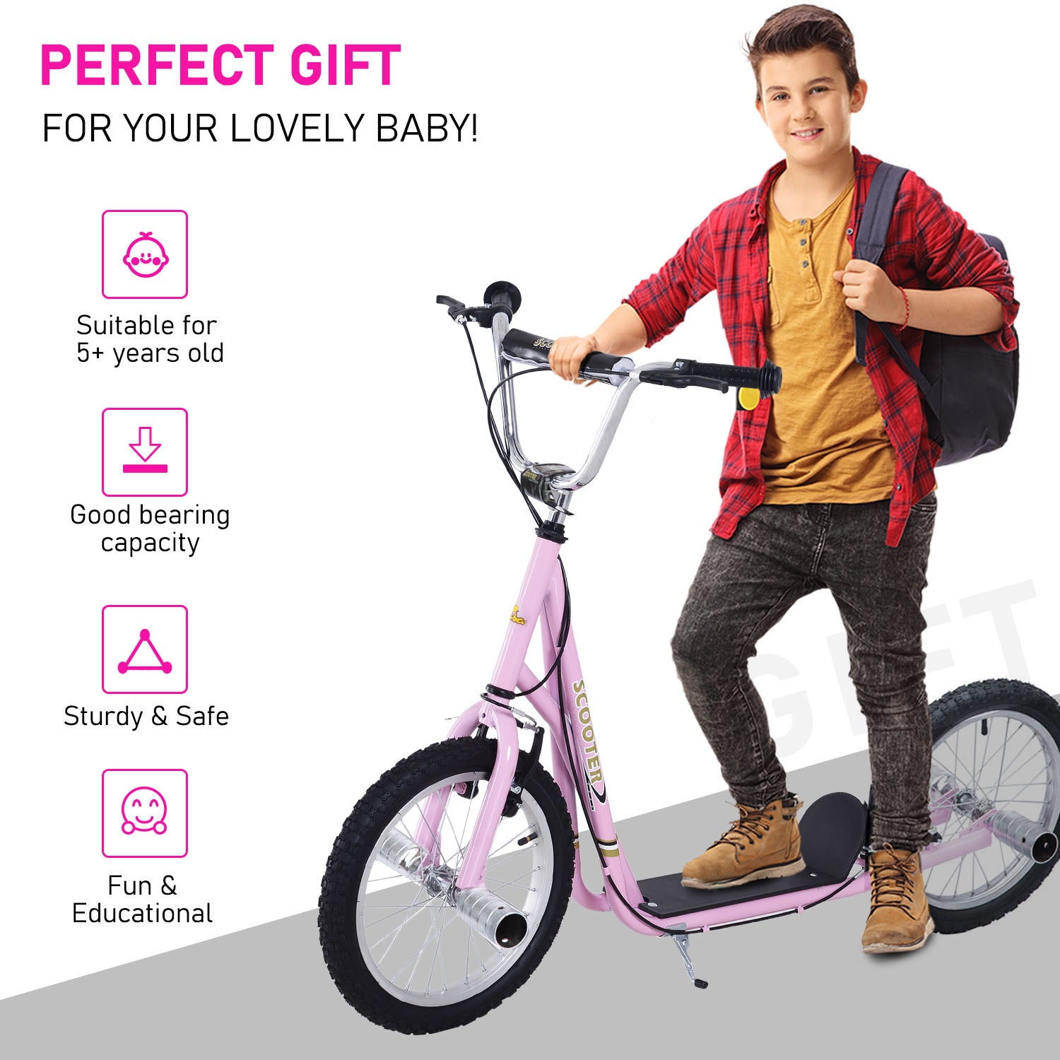 Youth Scooter Adult Teen Push Scooter Kids Children Stunt Scooter Bike Bicycle Ride On 16" Pneumatic Tyres , Pink