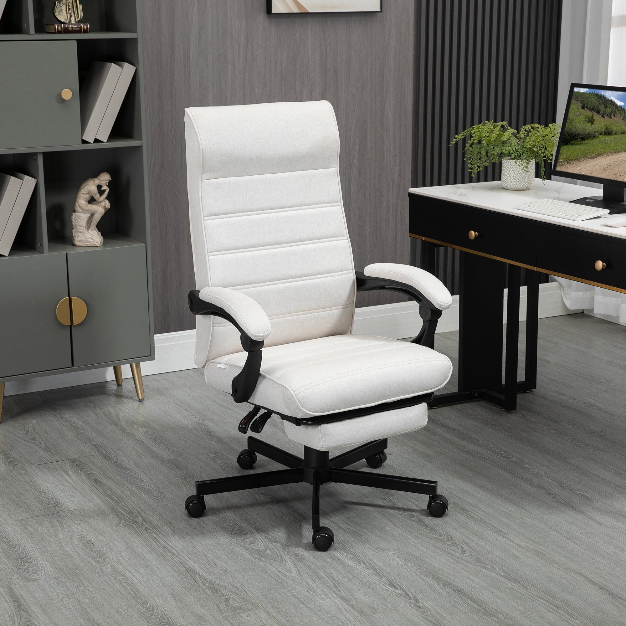 High-Back Home Office Chair, Linen Swivel Reclining Chair with Adjustable Height, Footrest and Padded Armrest for Living Room Cream White