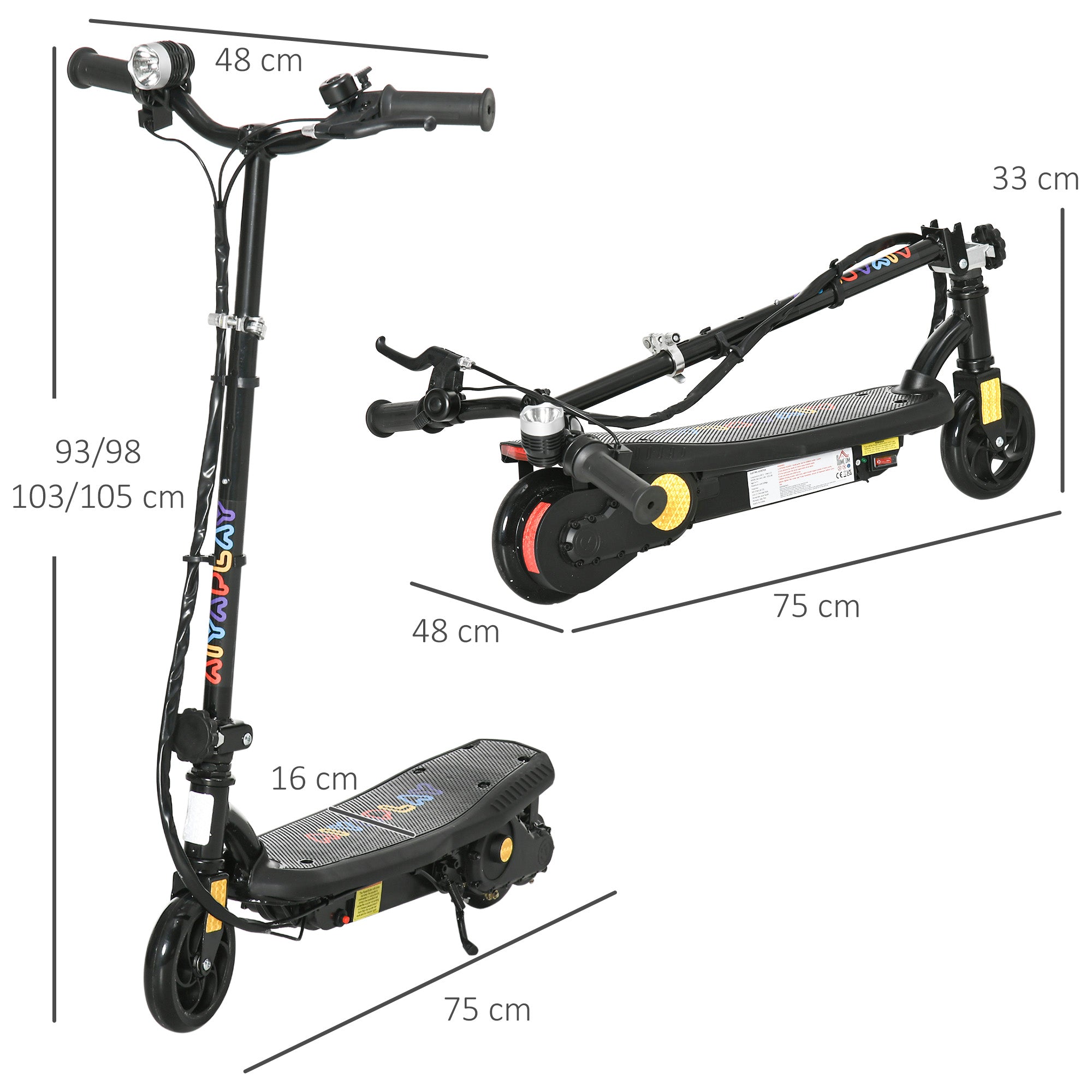 Foldable Electric Scooter, with LED Headlight, for Ages 7-14 Years - Black