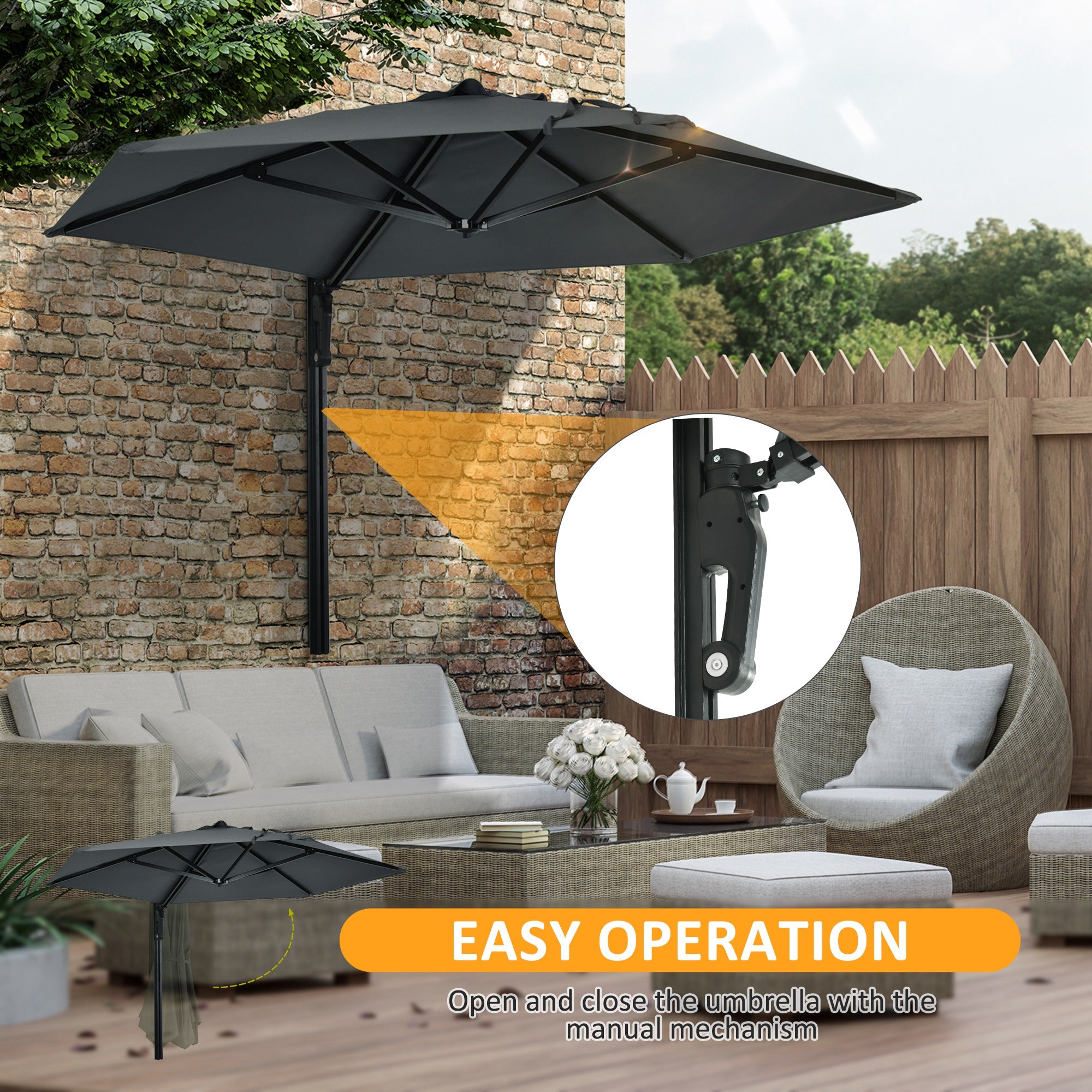 Wall Mounted Parasol, Hand to Push Outdoor Patio Umbrella with 180 Degree Rotatable Canopy for Porch, Deck, Garden, 250 cm, Dark Grey