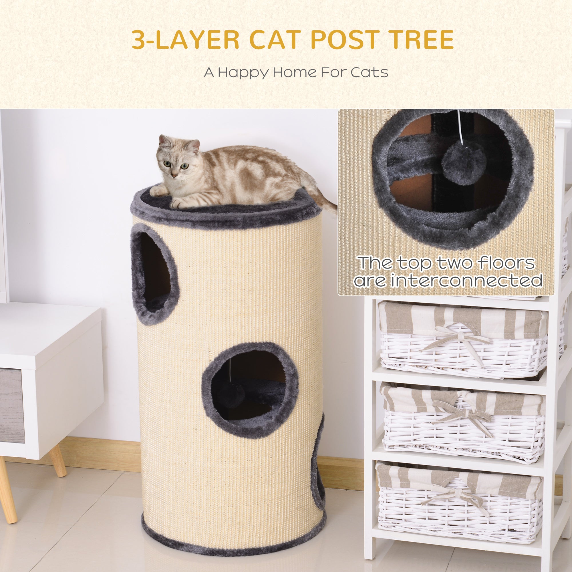 Cat Tree, Plush, Ф38x70H cm-Beige/Grey