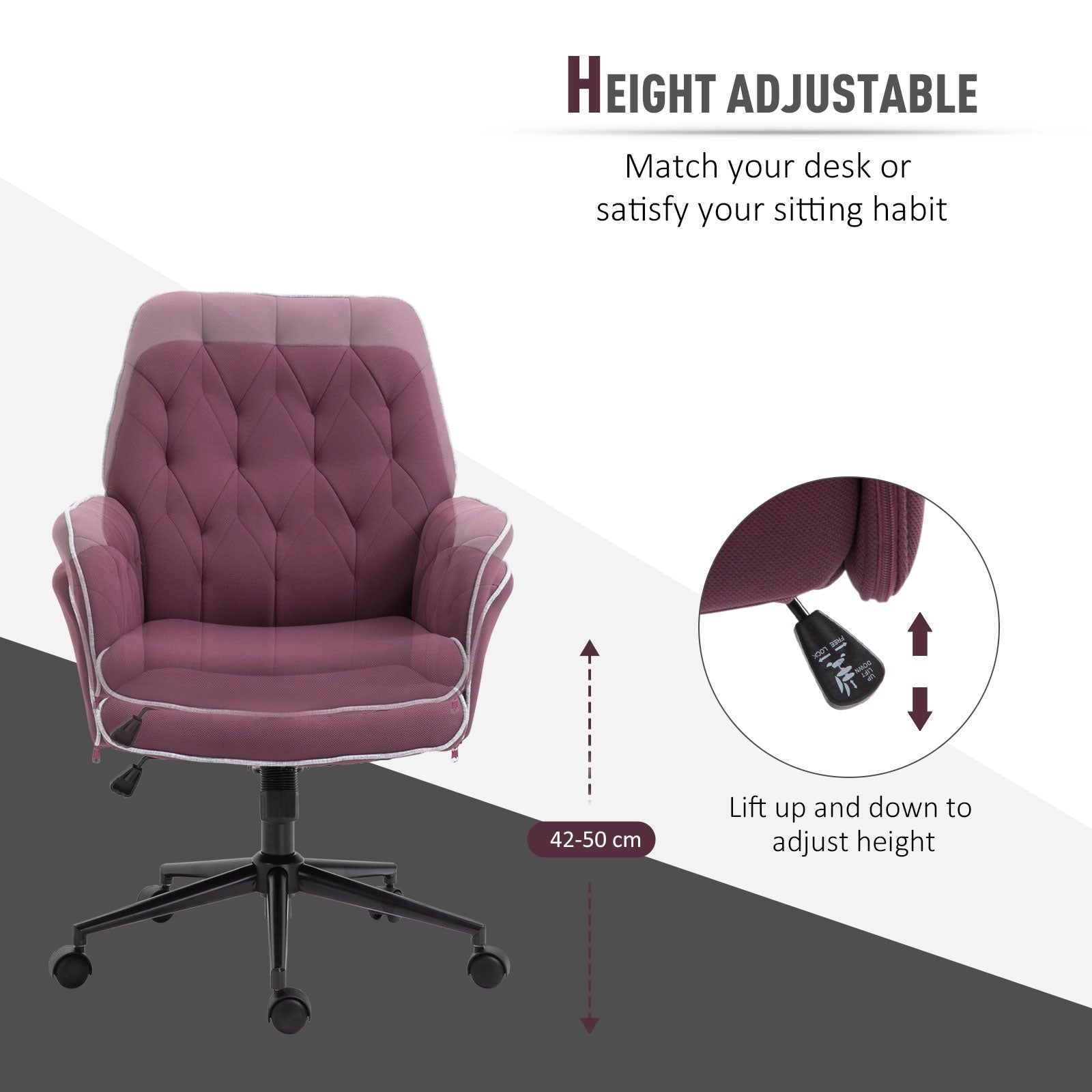 Linen Office Swivel Chair Mid Back Computer Desk Chair with Adjustable Seat, Arm - Purple