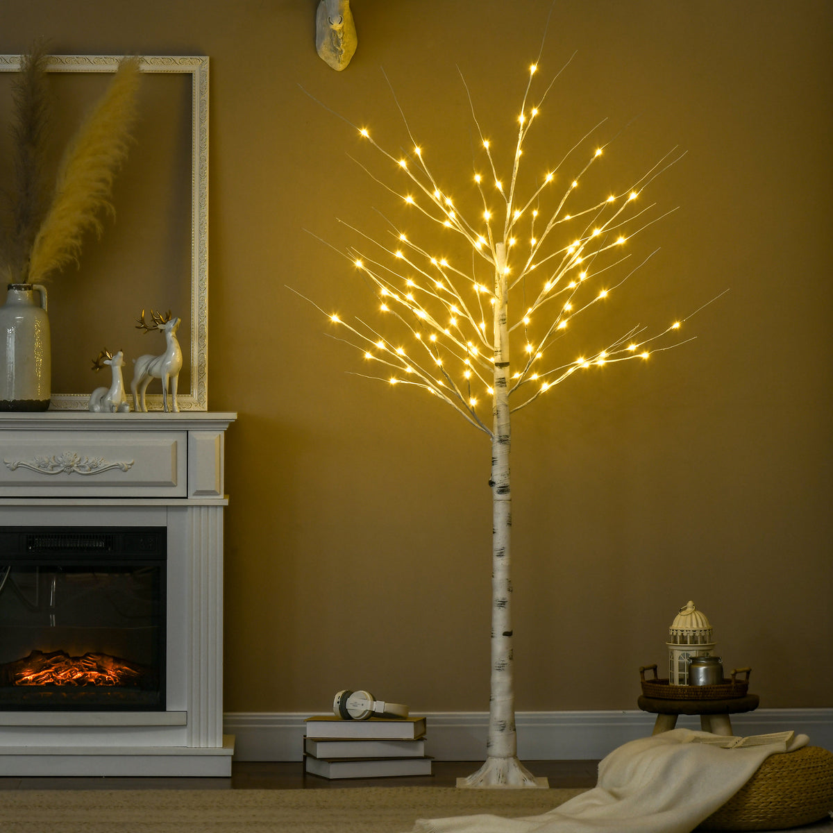 6ft Artificial White Birch Tree with 96 Warm White LED Lights - White