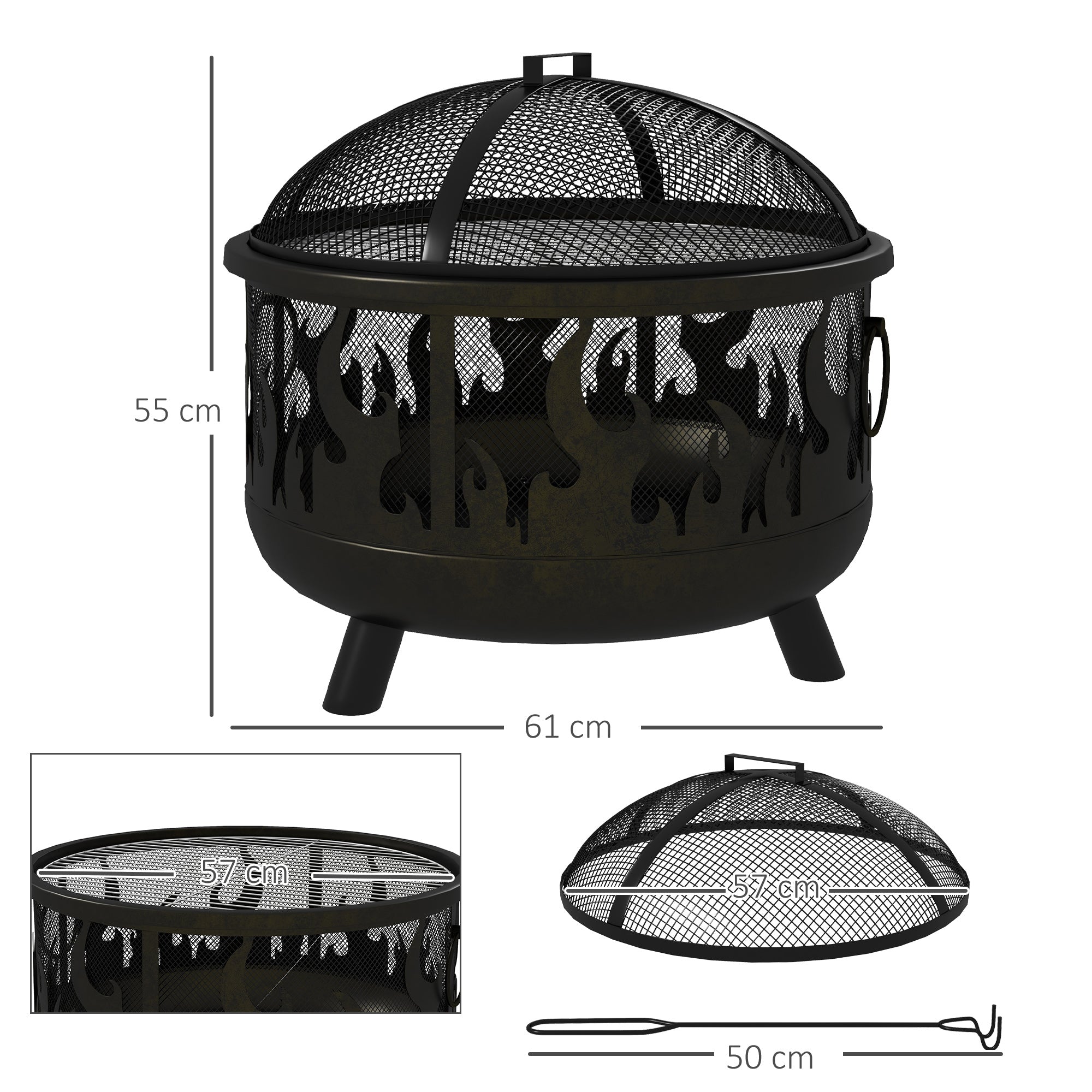 Metal Firepit Bowl Outdoor 2-In-1 Round Fire Pit w/ Lid, Grill, Poker, Handles for Garden, Camping, BBQ, Bonfire, Wood Burning Stove, 61.5 x 61.5 x 52cm, Black