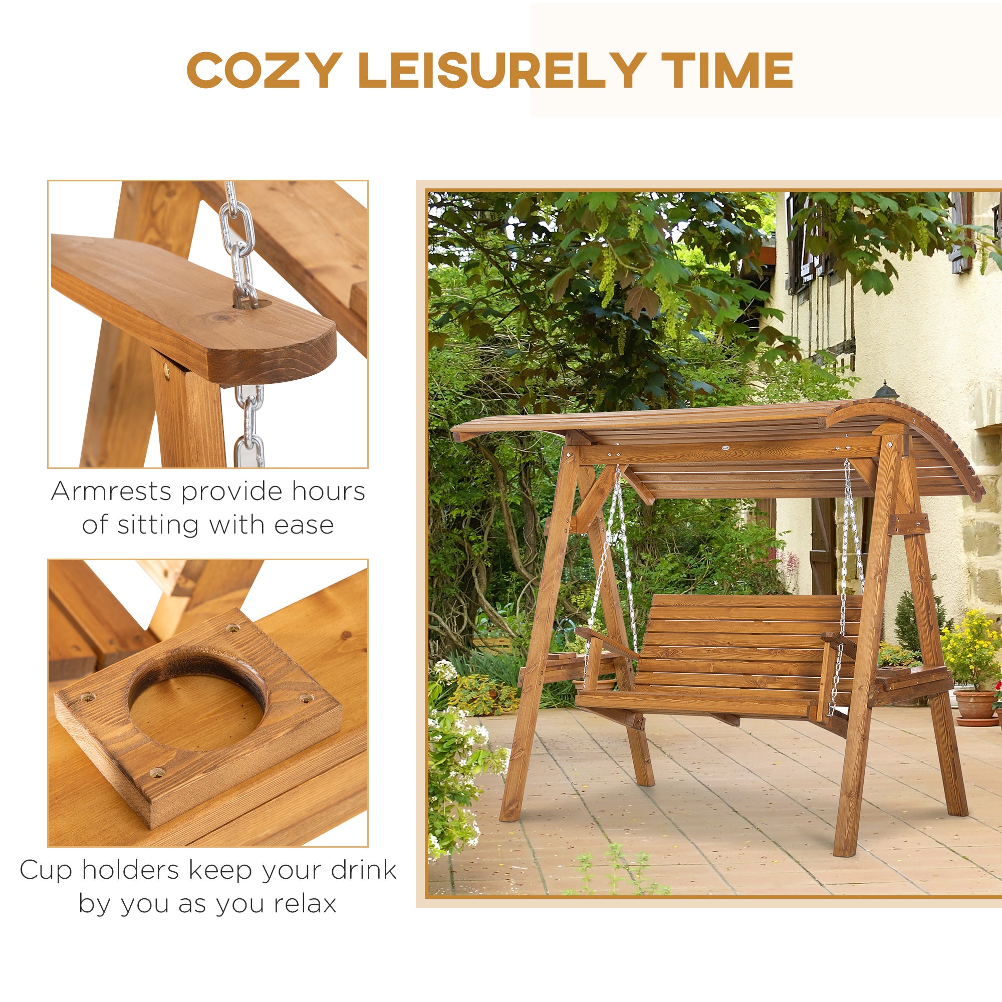 2 Seater Garden Swing Chair, Outdoor Canopy Swing Bench with Adjustable Shade and Solid Wood Frame