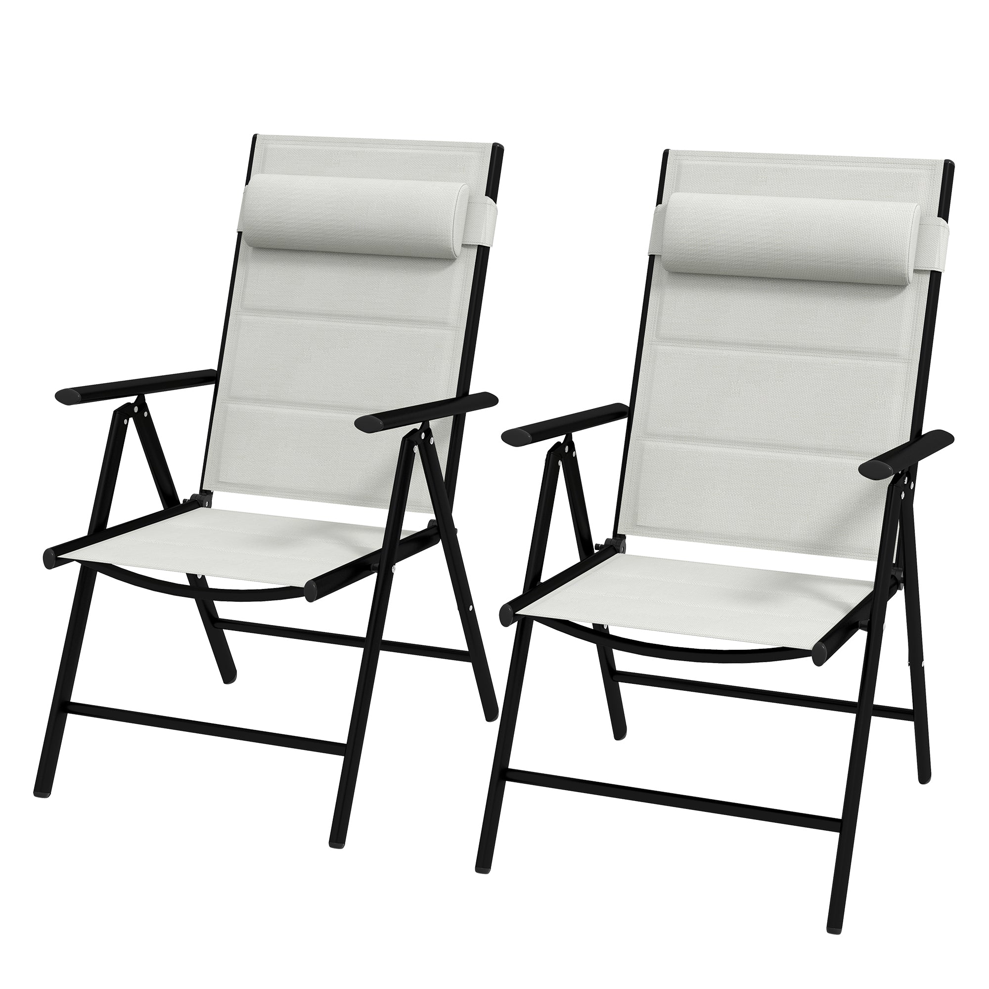 Set of 2 Patio Folding Chairs w/ Adjustable Back, Garden Dining Chairs w/ Breathable Mesh Fabric Padded Seat, Backrest, Headrest, Light Grey