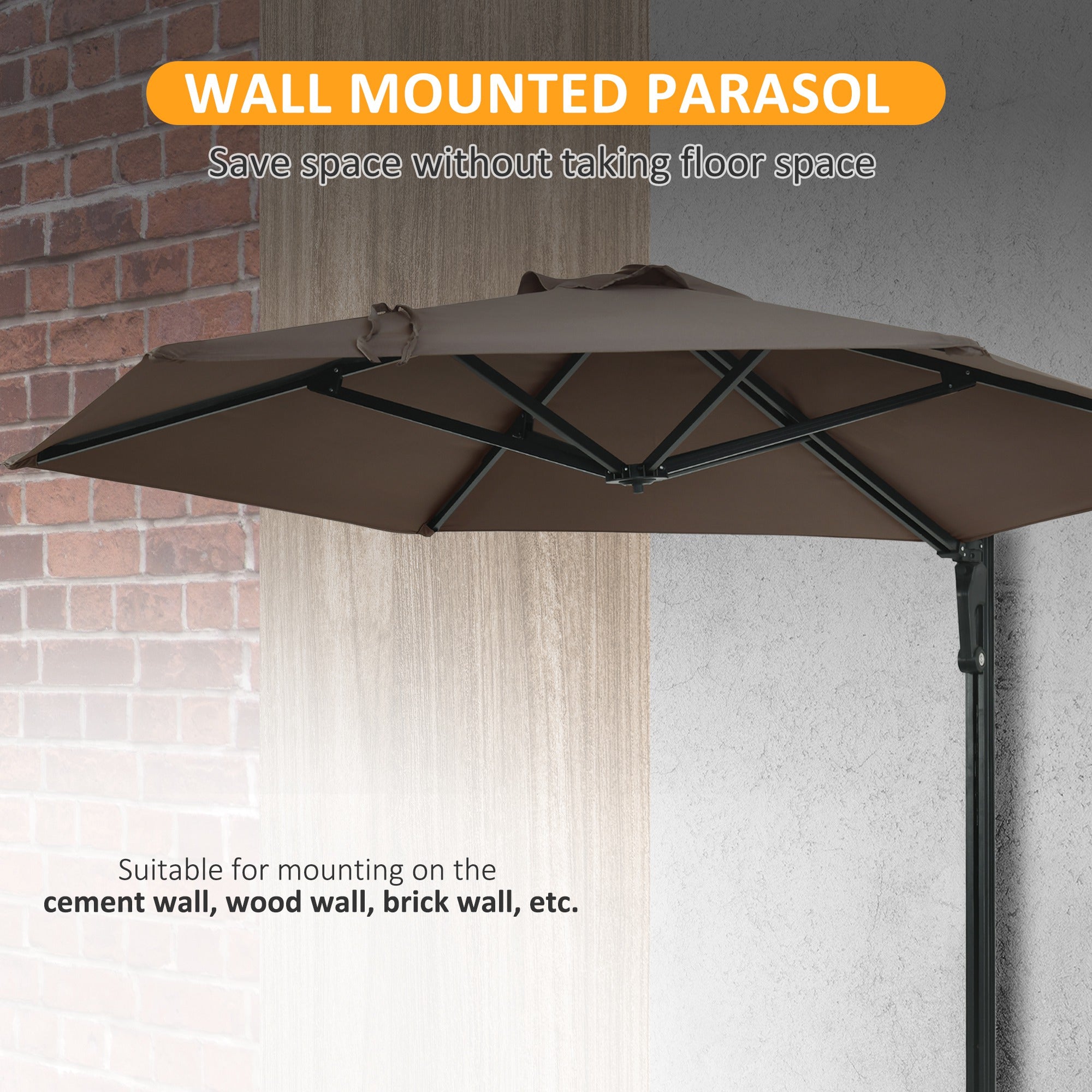 Wall Mounted Parasol, Hand to Push Outdoor Patio Umbrella with 180 Degree Rotatable Canopy for Porch, Deck, Garden, 250 cm, Khaki