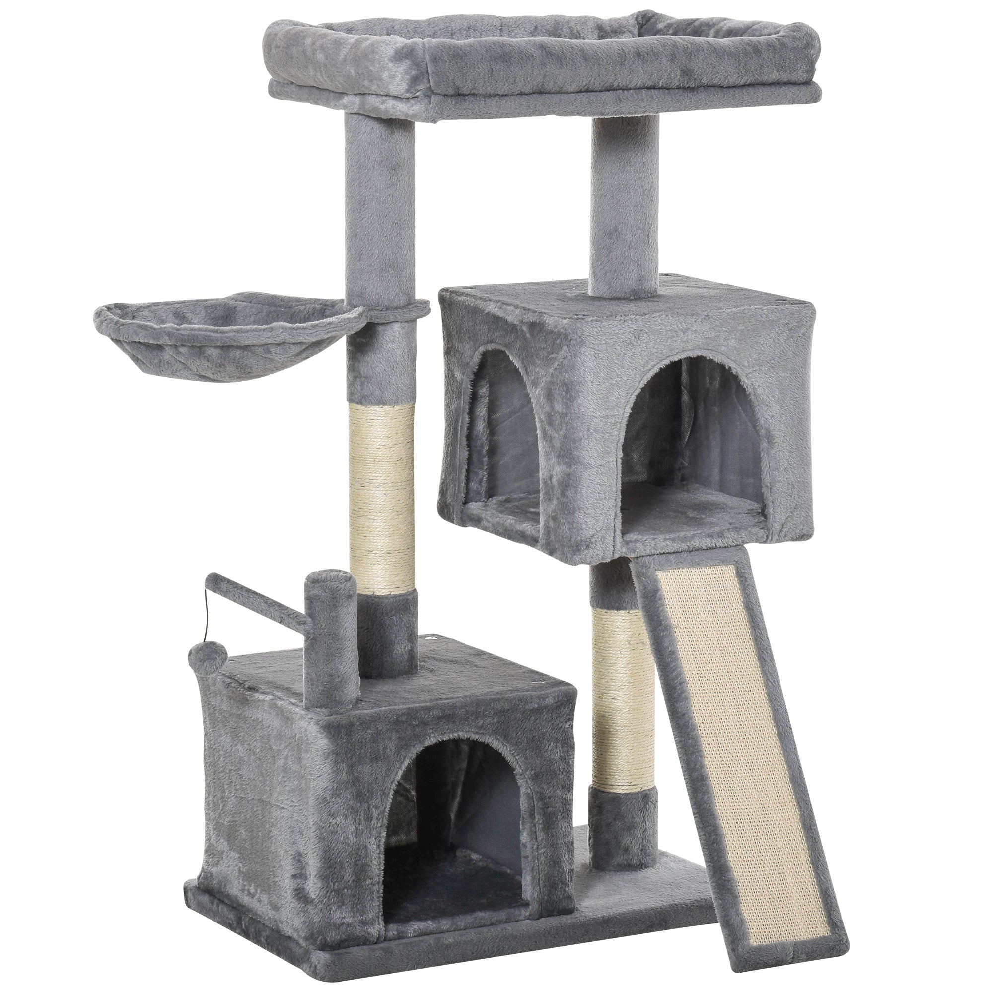 Cat tree Tower 111cm Climbing Kitten Activity Centre with Sisal Scratching Post Pad Perch Hanging Ball Hammock Condo Toy Grey