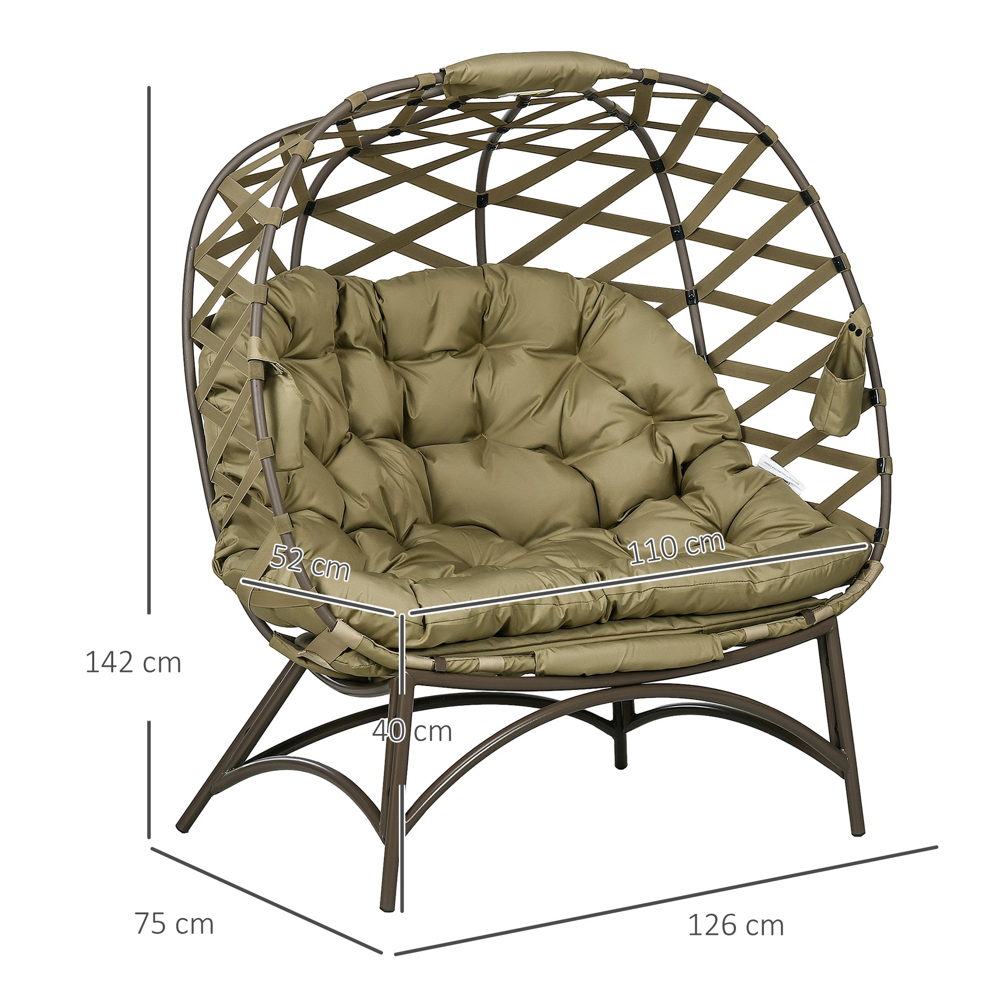 2 Seater Outdoor Egg Chair with Cushions and Cup Holders - Khaki