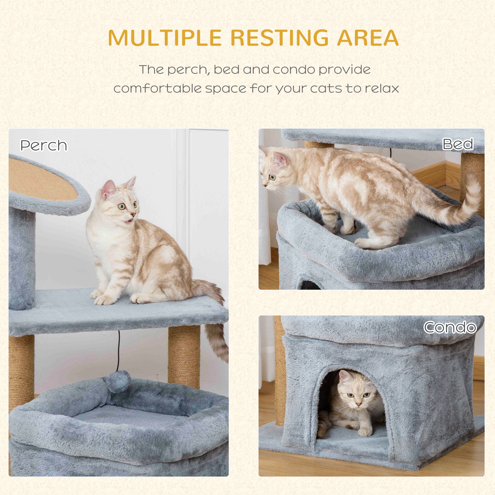 Cat Tree Tower Kitten Activity Center with Scratching Posts Pad Condo Perch Bed Interactive Ball Toy 48 x 48 x 84cm, Grey