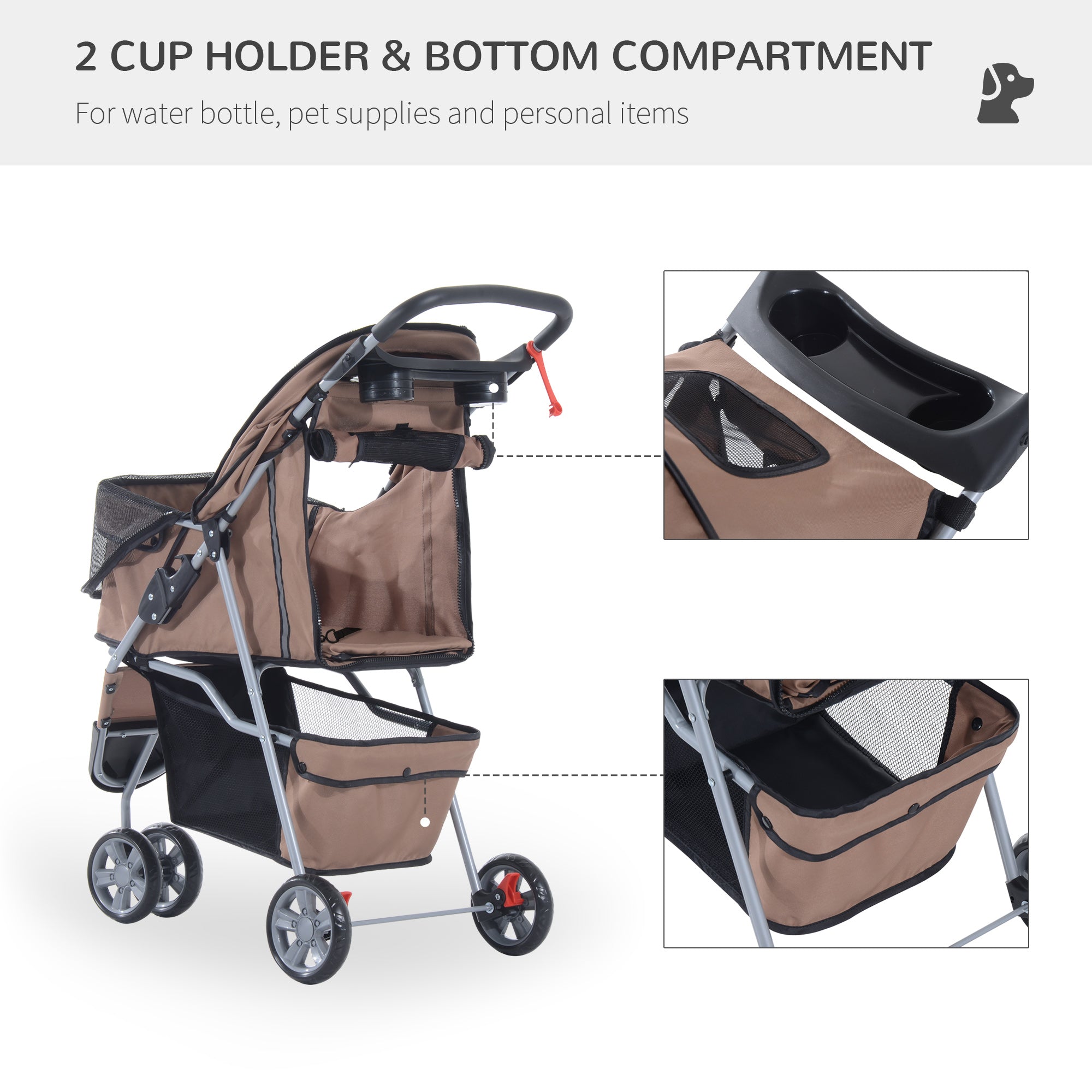 Dog Pram Pet Travel Stroller Dog Pushchair W/Three Wheels-Coffee