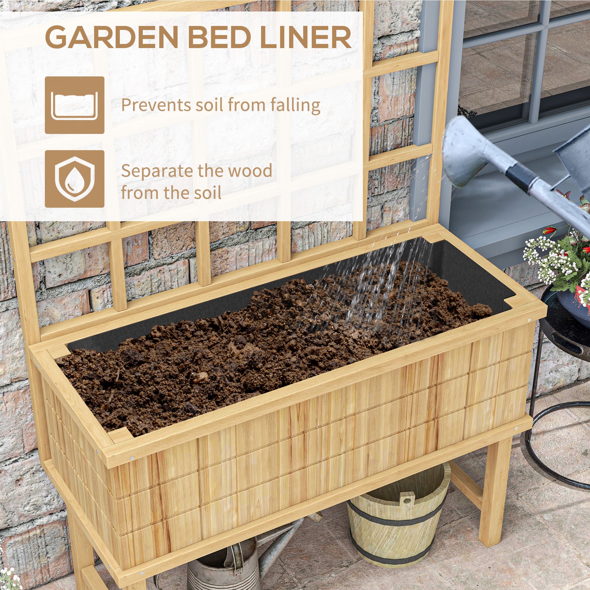 Wooden Raised Planter with Trellis for Vine Climbing Plants, Elevated Garden Bed with Drainage Holes and Bed Liner