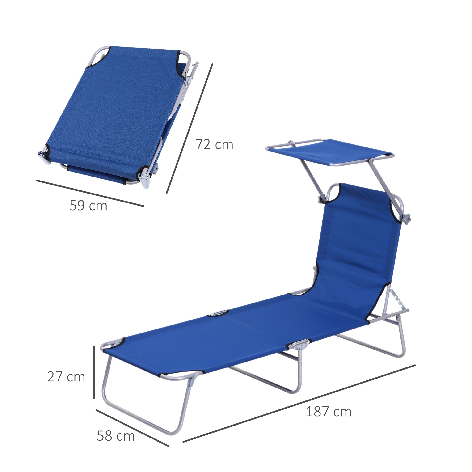 Reclining Chair Folding Lounger Seat Sun Lounger with Sun Shade Awning Beach Garden Outdoor Patio Recliner Adjustable, Blue