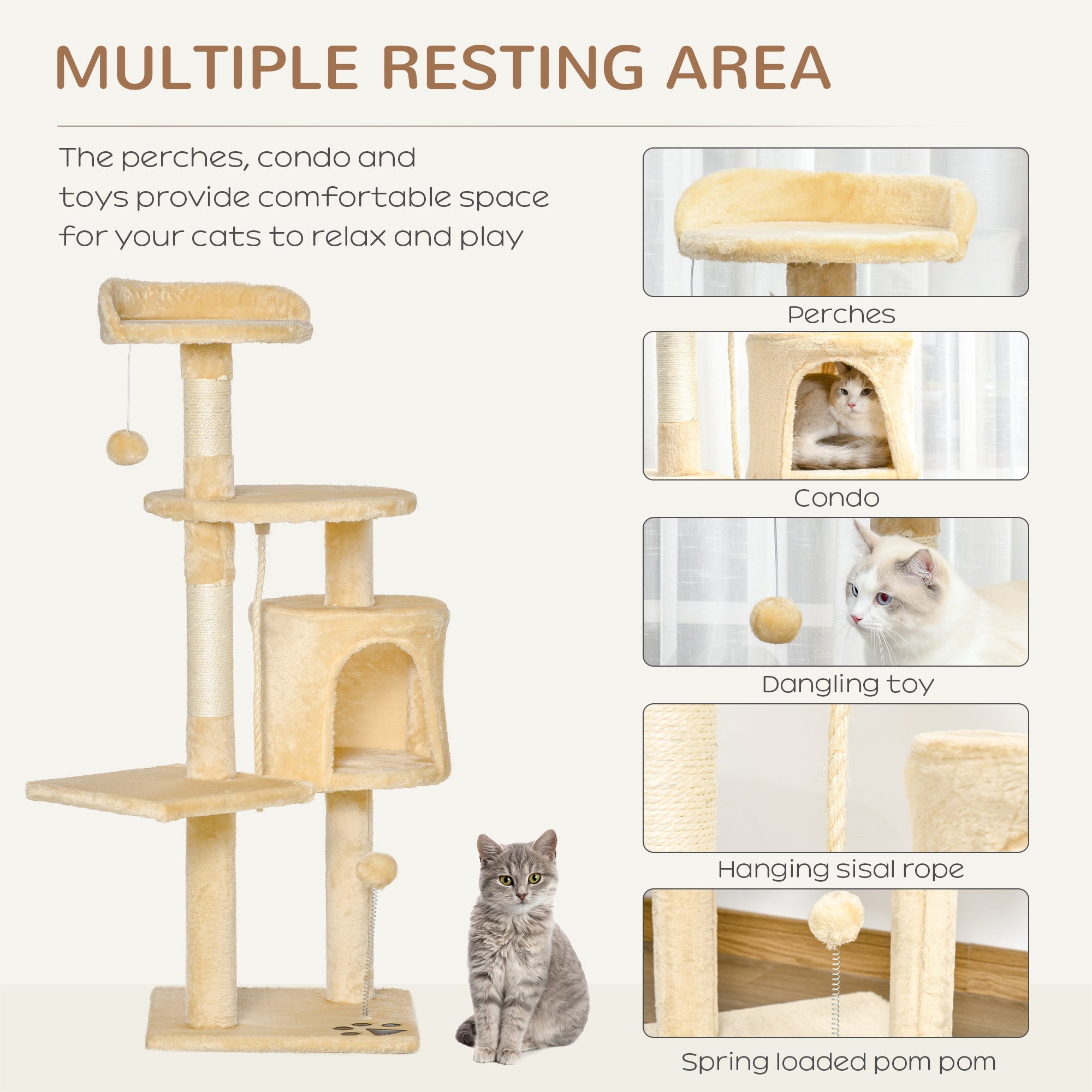 Cat Tree House, 114H cm-Beige