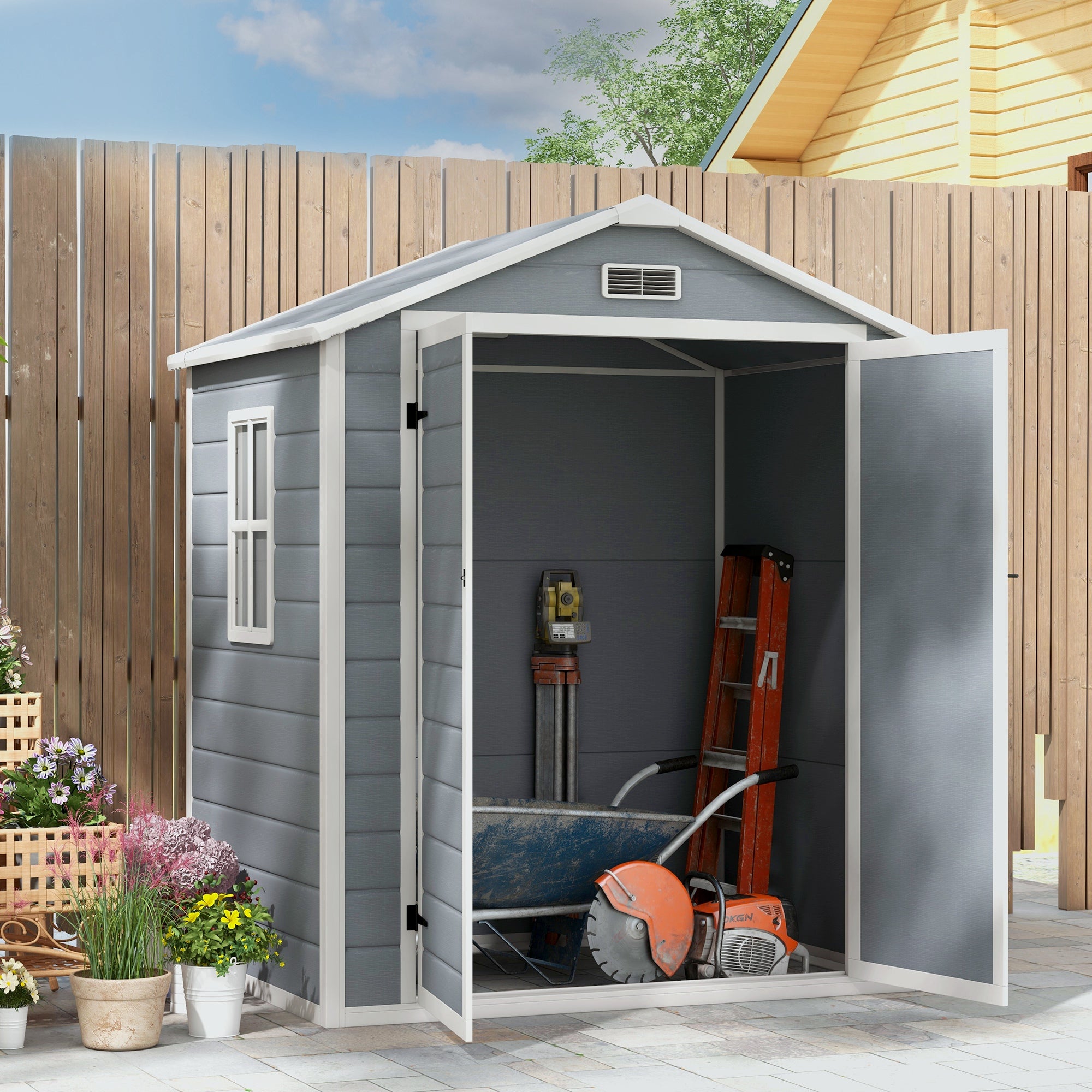 6'x4.5' Garden Storage Shed, Lockable Garden Shed with Double Doors, Window, Vent and Plastic Roof, Grey