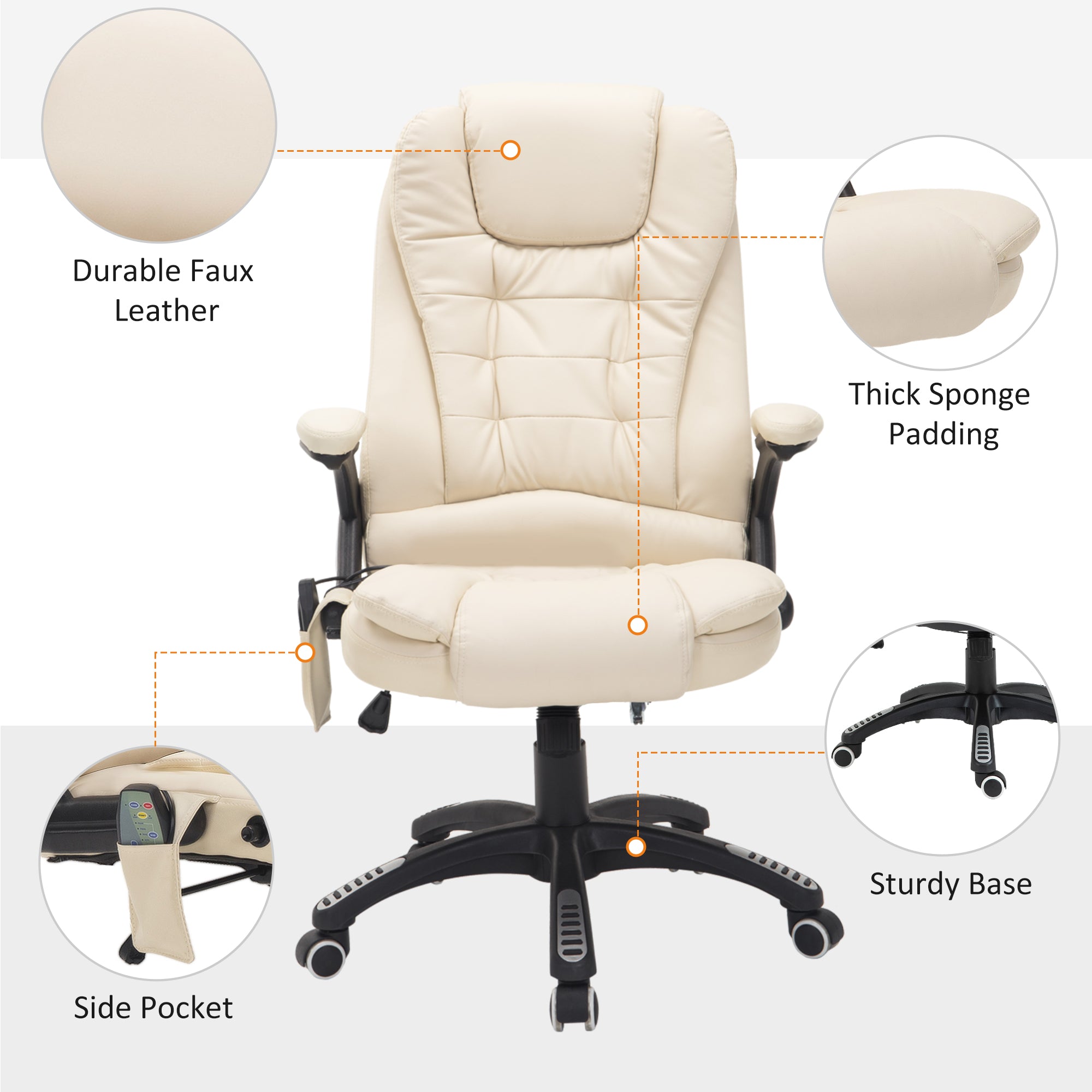 Executive Office Chair with Massage and Heat, High Back PU Leather Massage Office Chair With Tilt and Reclining Function, Beige