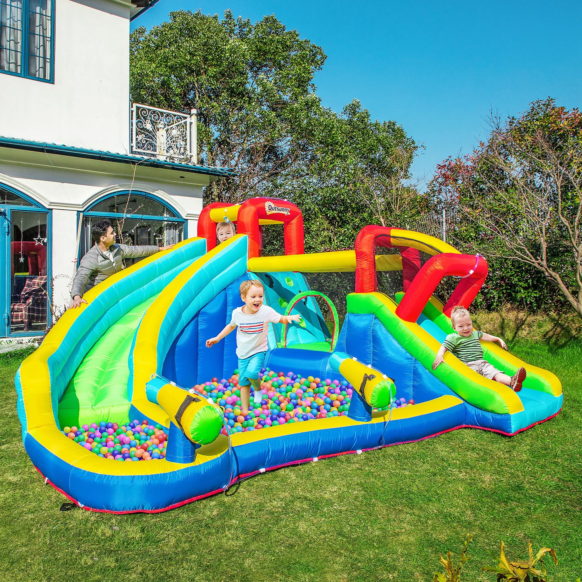 5 in 1 Kids Bounce Castle Extra Large Inflatable House Trampoline Slide Water Pool Water Gun Climbing Wall for Kids Age 3-8, 3.85x3.65x2m